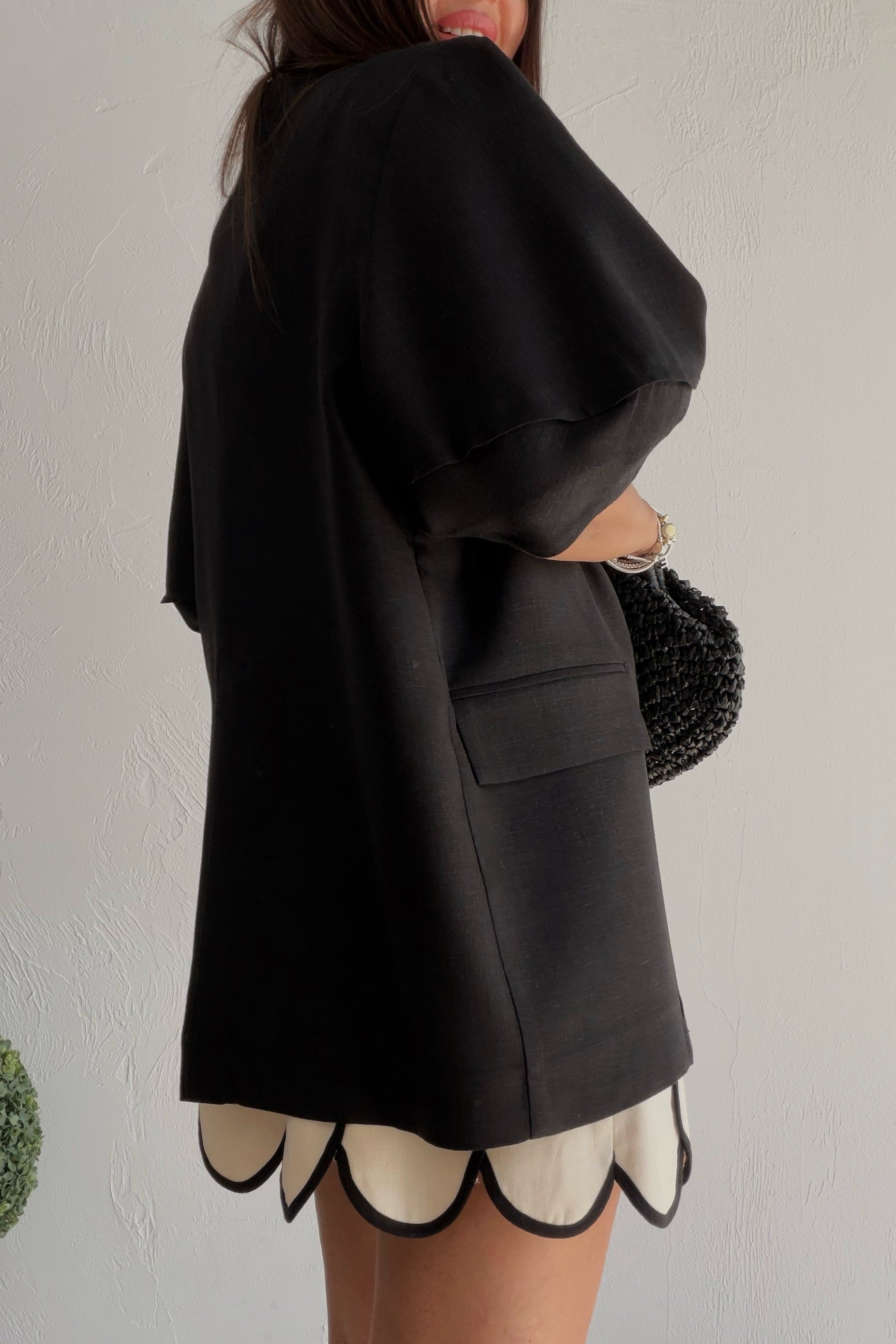 Balon Kollu Keten Blazer Ceket SİYAH