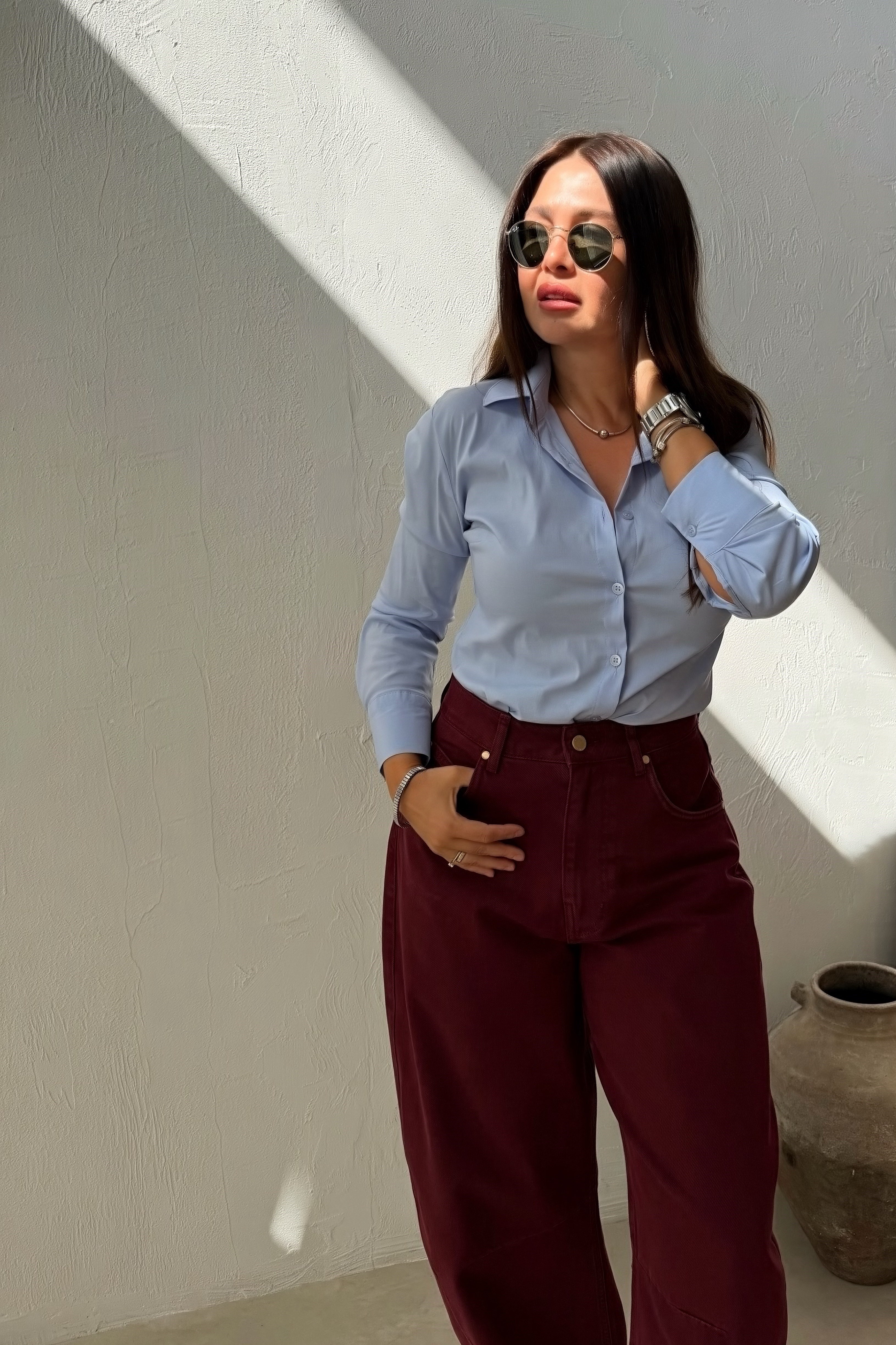 Belden Oturtmalı Gömlek BUZ MAVİSİ