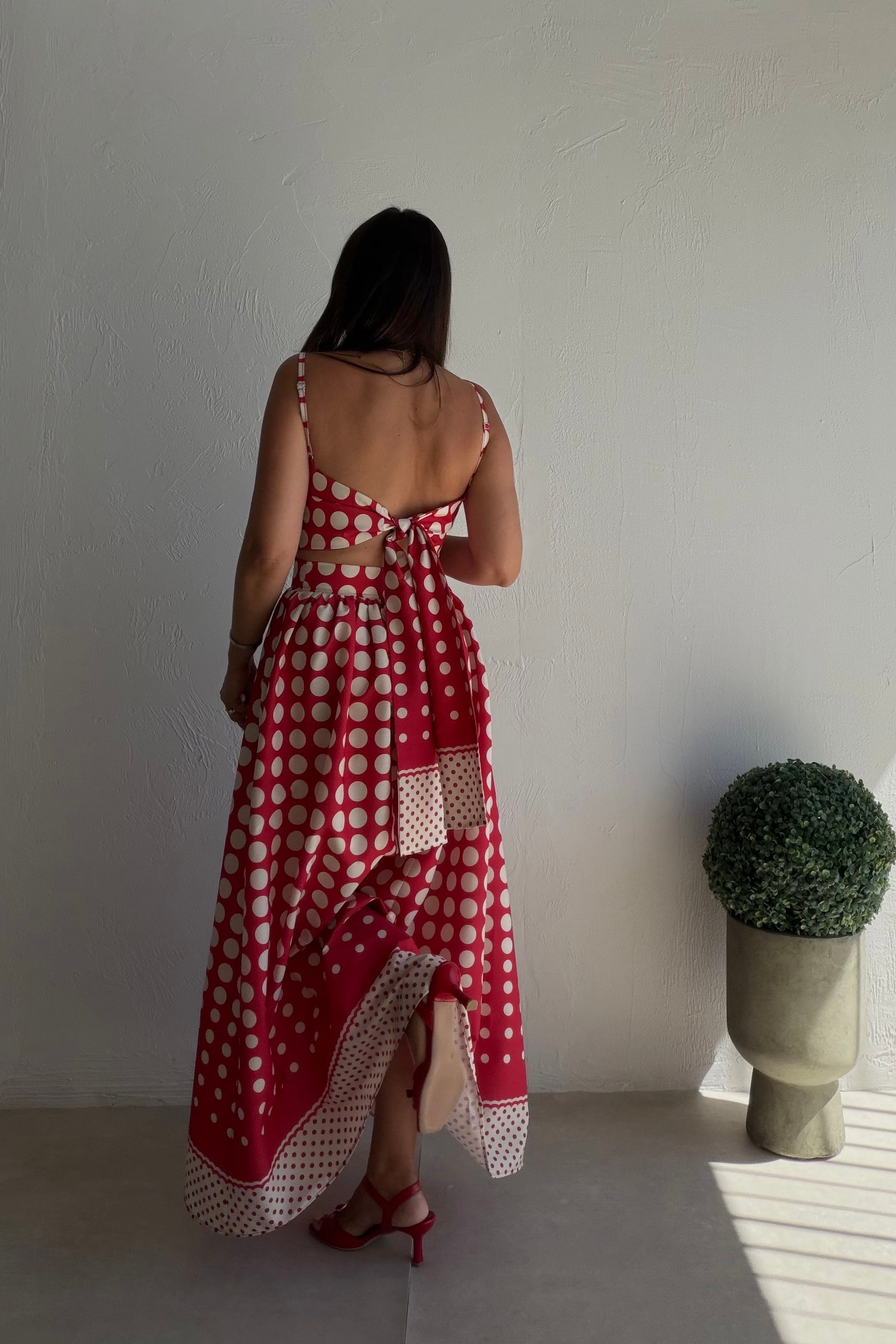 Bella Puantiye Crop Takım KIRMIZI