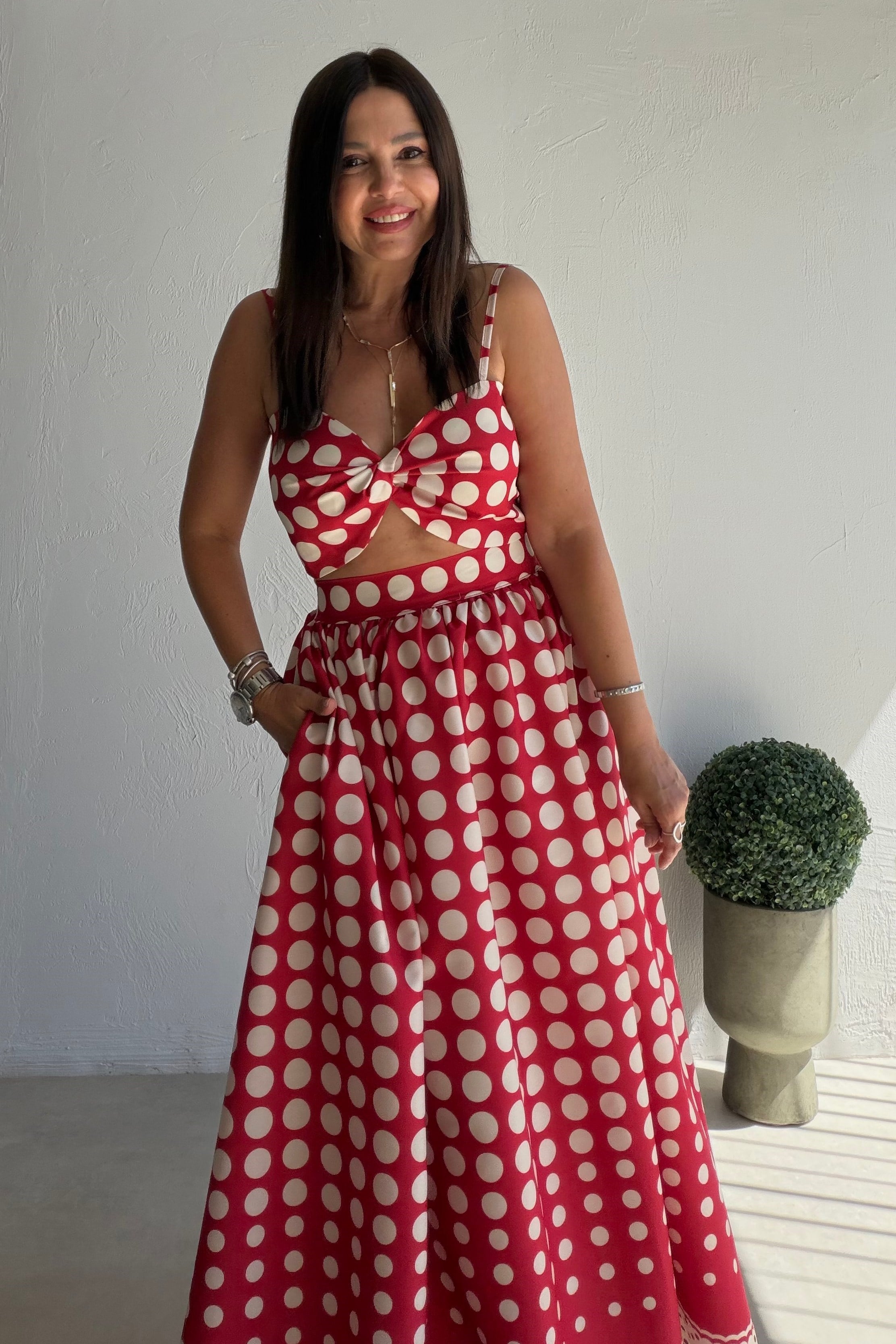 Bella Puantiye Crop Takım KIRMIZI