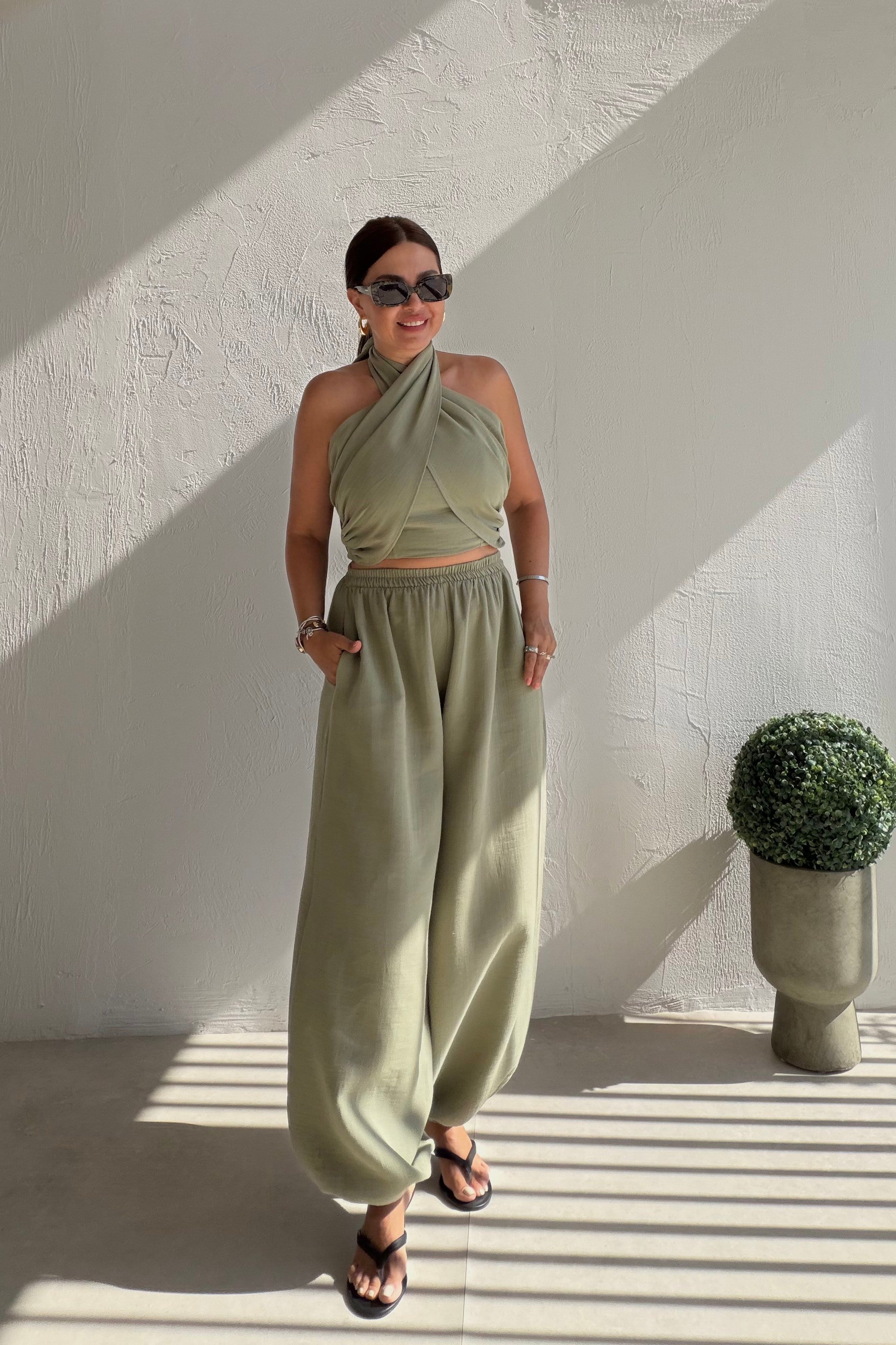 Bohem Müslin Crop Takım HAKİ