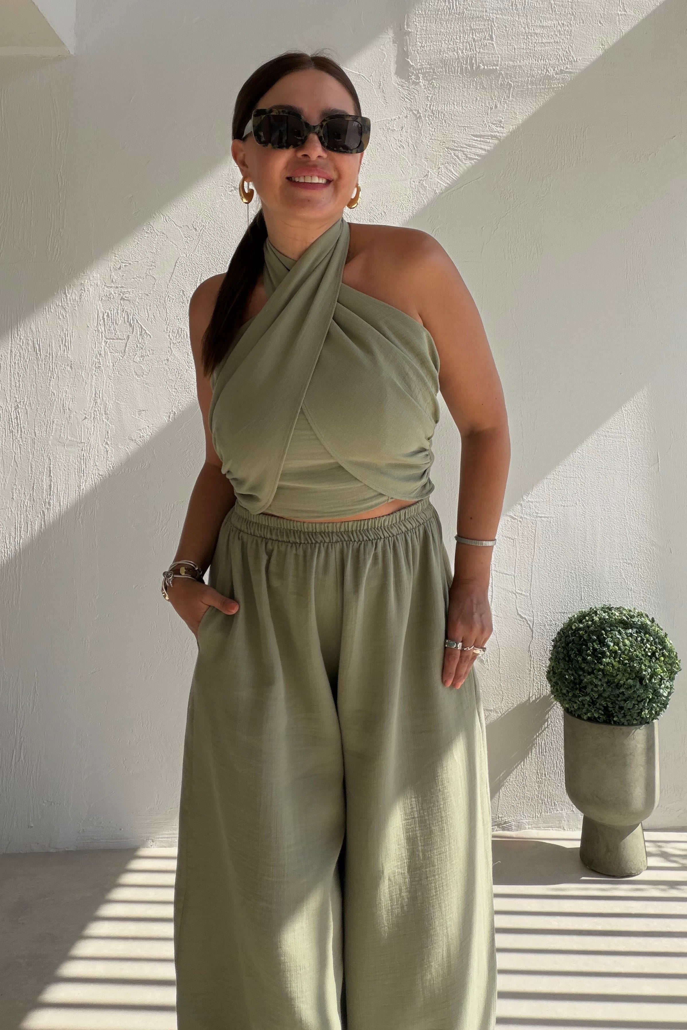 Bohem Müslin Crop Takım HAKİ