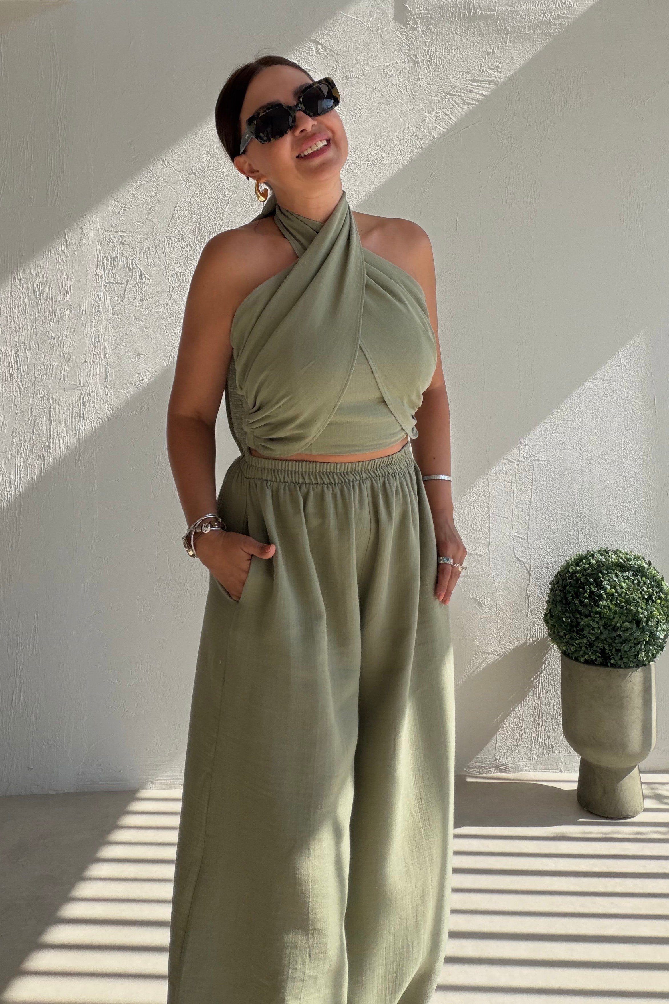 Bohem Müslin Crop Takım HAKİ