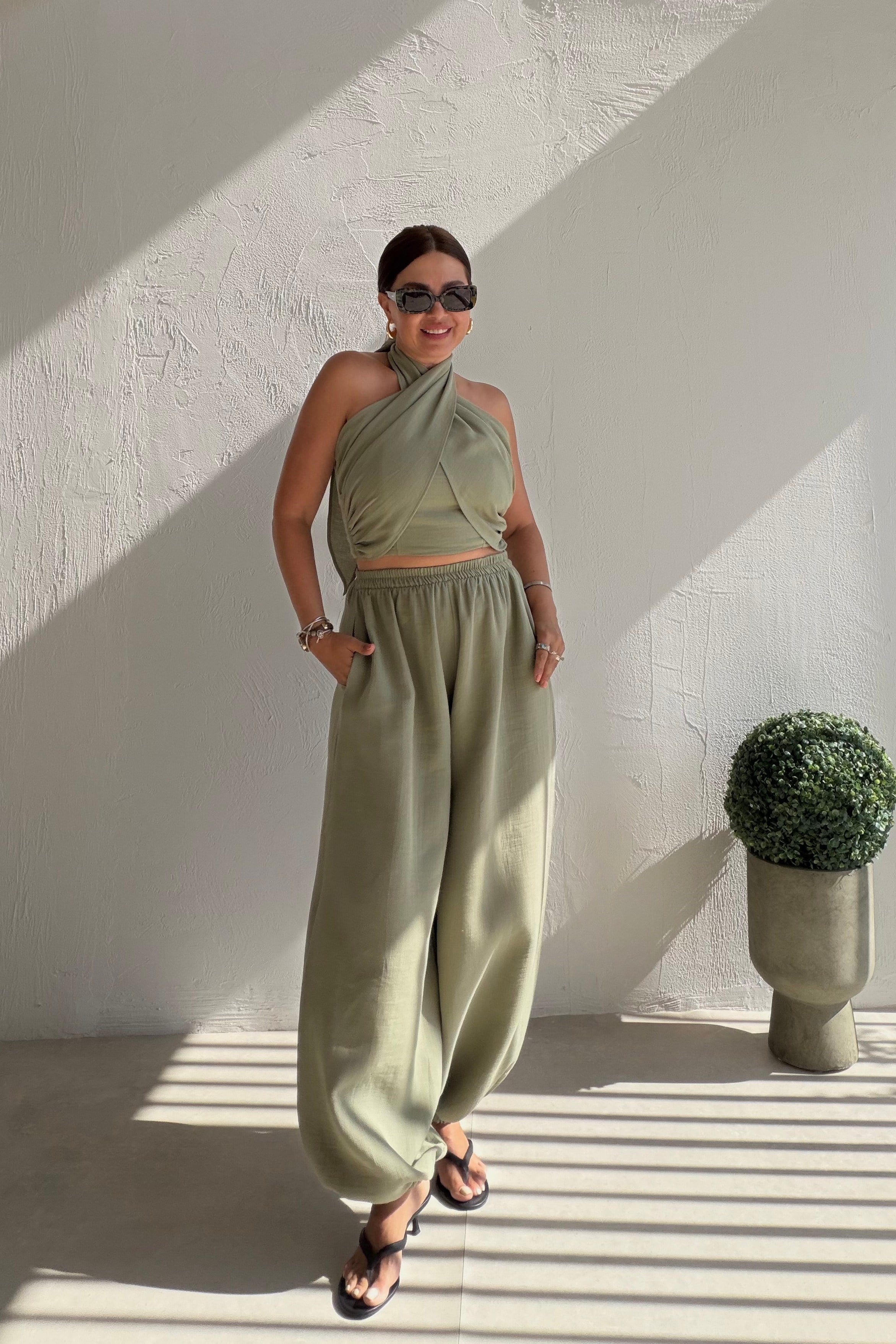 Bohem Müslin Crop Takım HAKİ