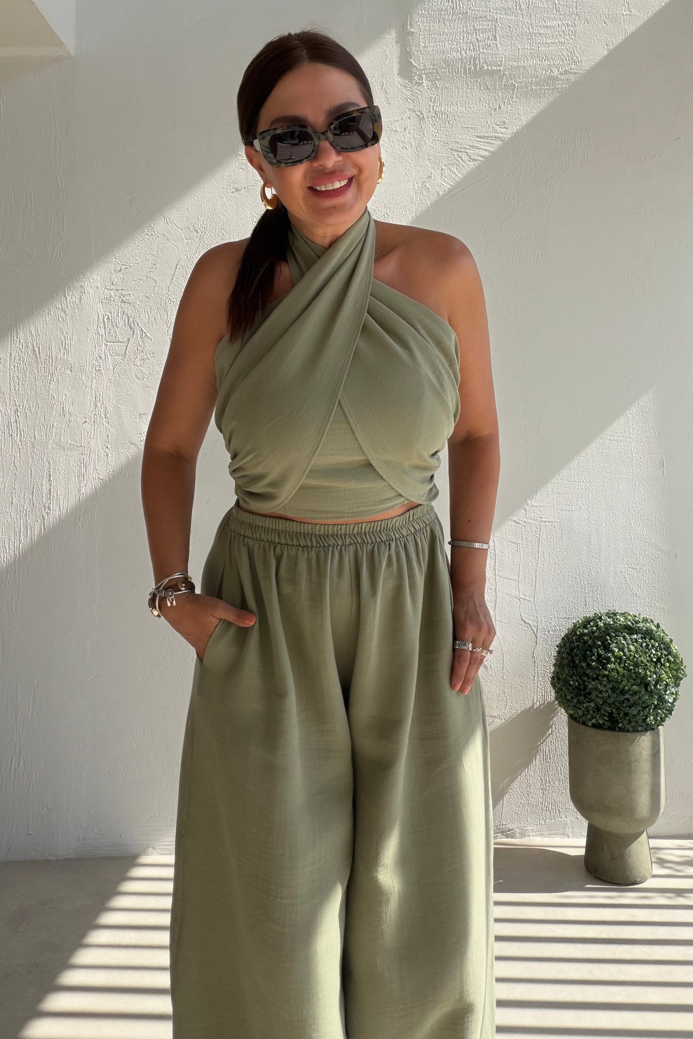 Bohem Müslin Crop Takım HAKİ