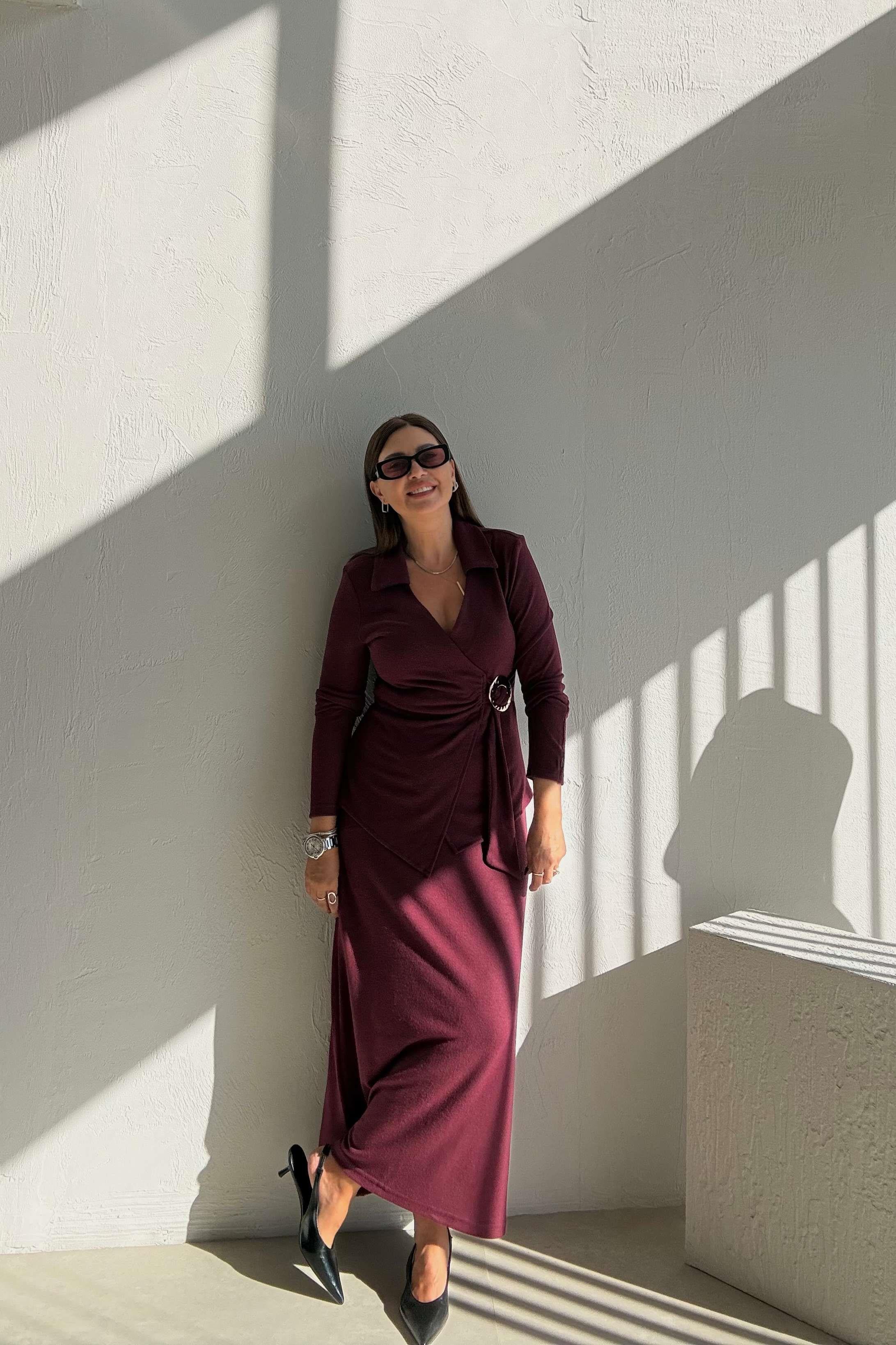 Bordo Yumoş Etek Bluz Takım 