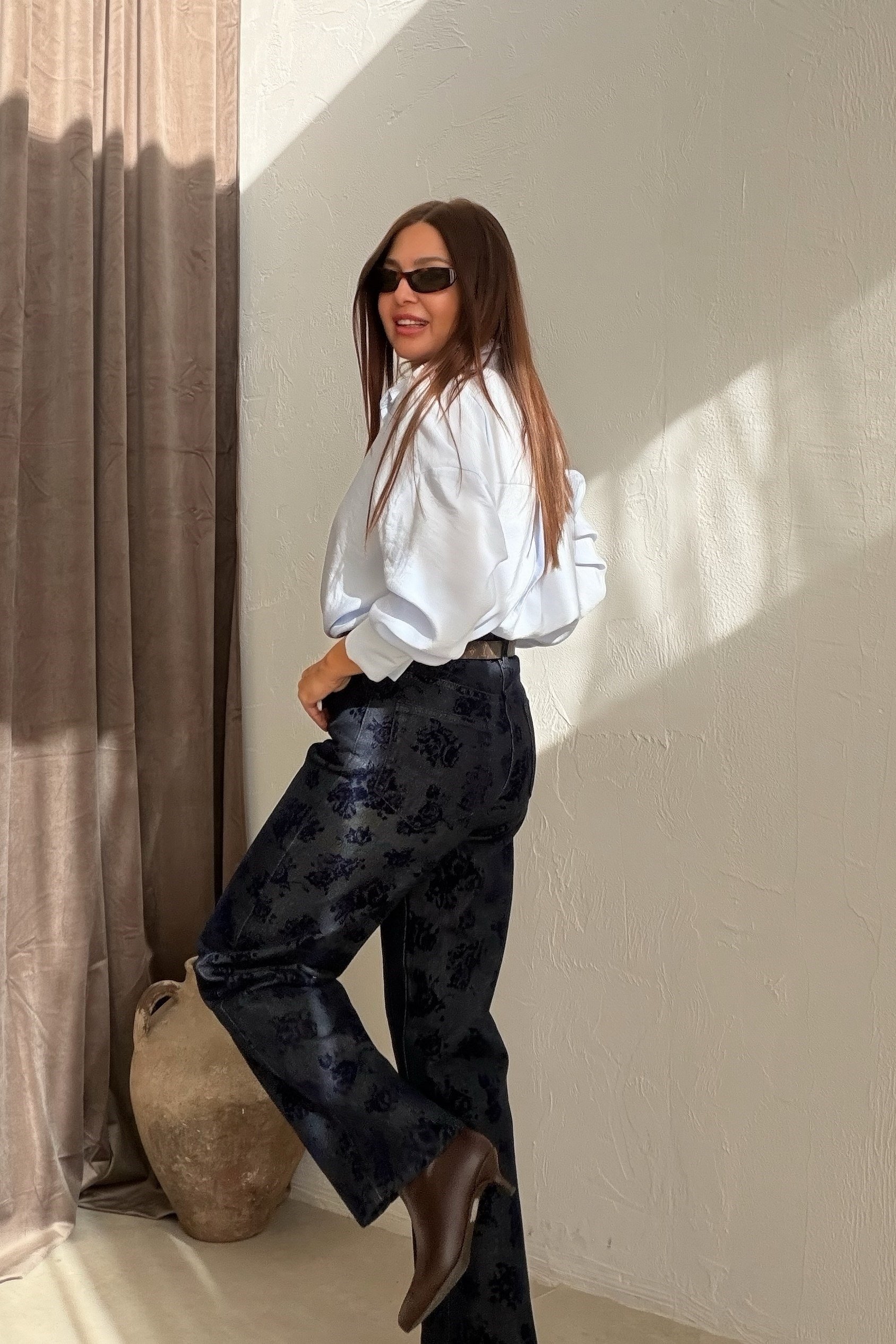 Çiçek Baskılı Jean LACİVERT