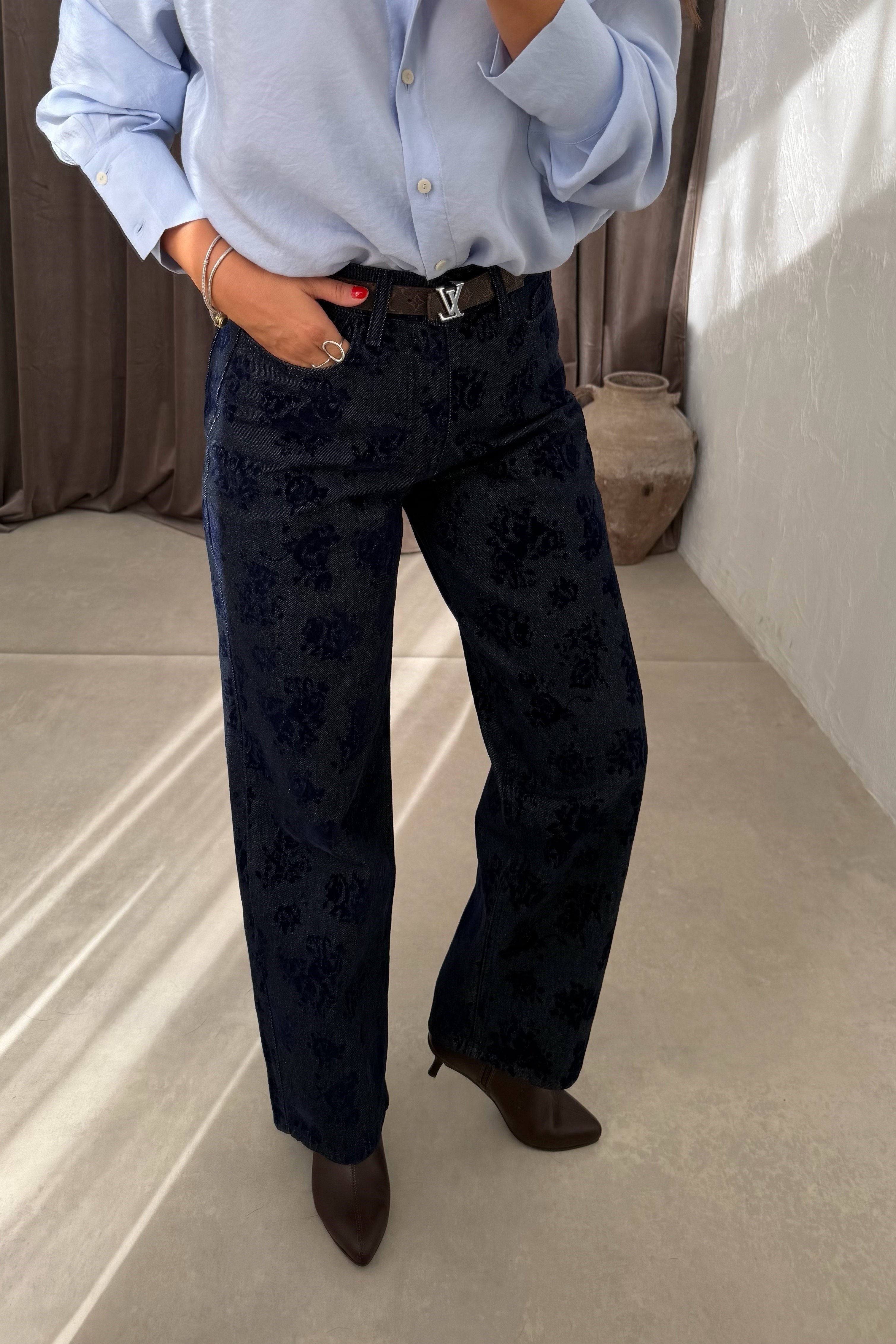 Çiçek Baskılı Jean LACİVERT