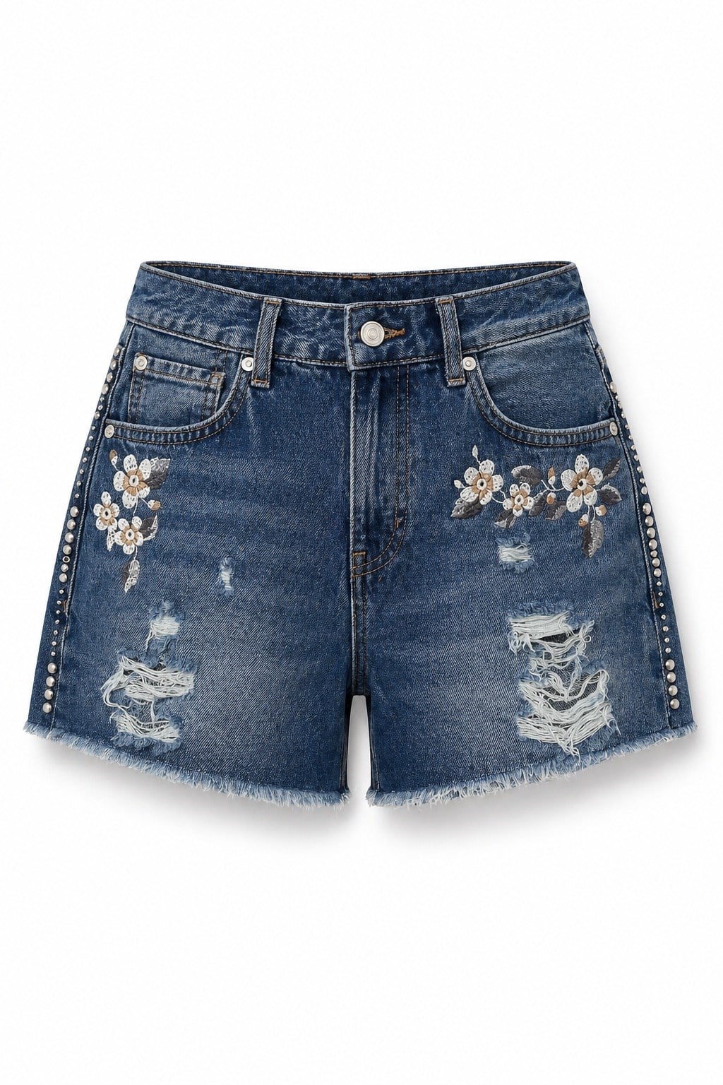 Çiçek Nakışlı Denim Şort