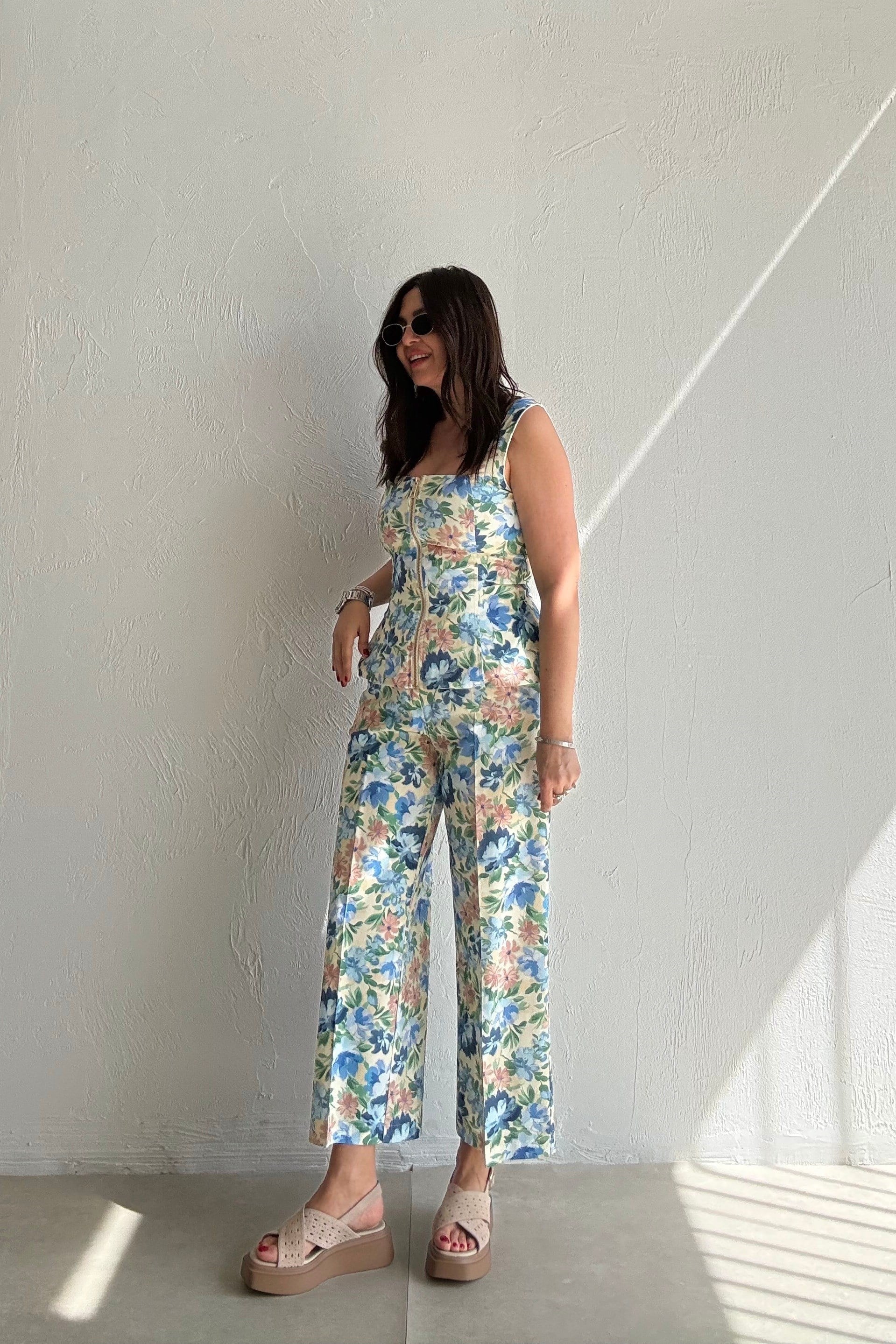 Çiçekli Büstiyer Pantolon Takım MAVİ
