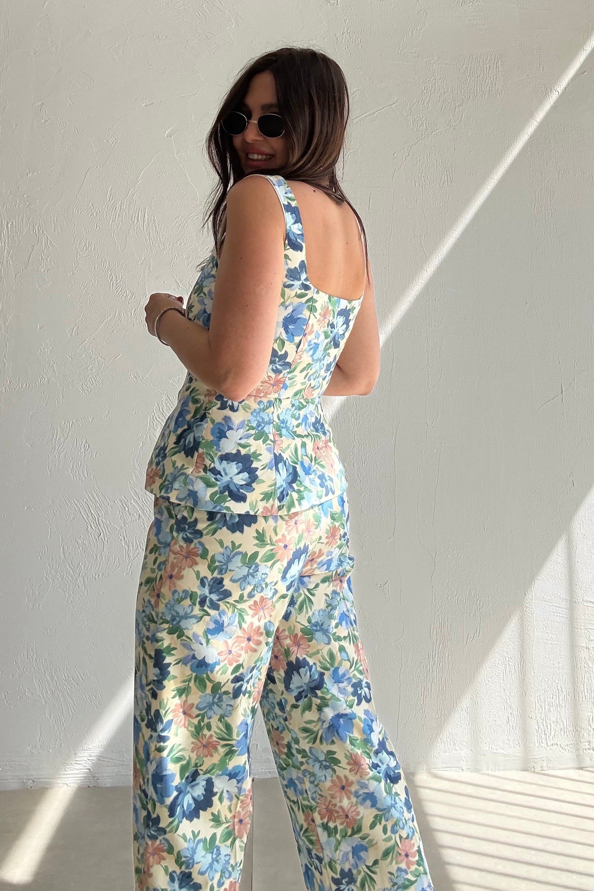 Çiçekli Büstiyer Pantolon Takım MAVİ
