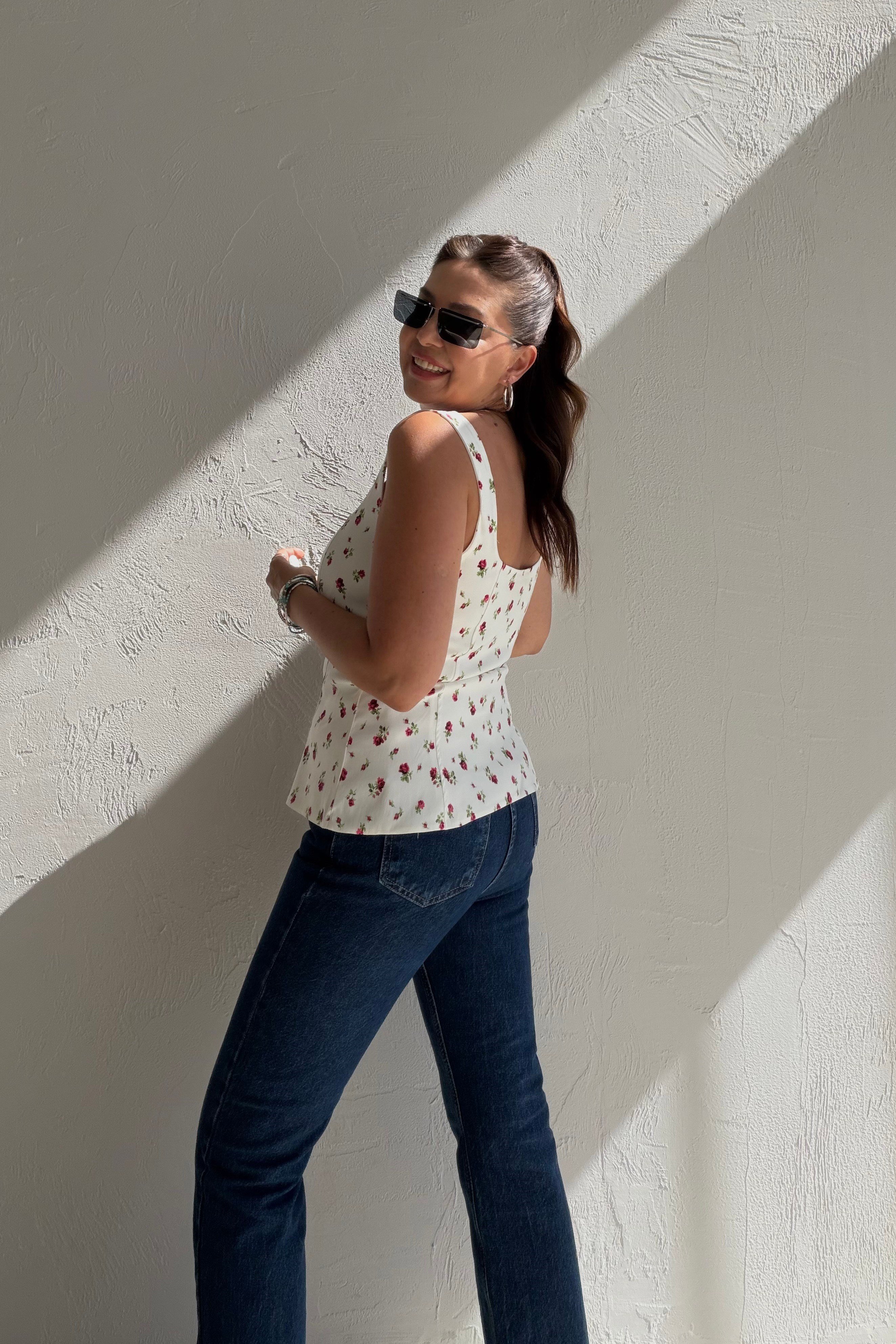 Çiçekli Fermuarlı Crop Bluz EKRU