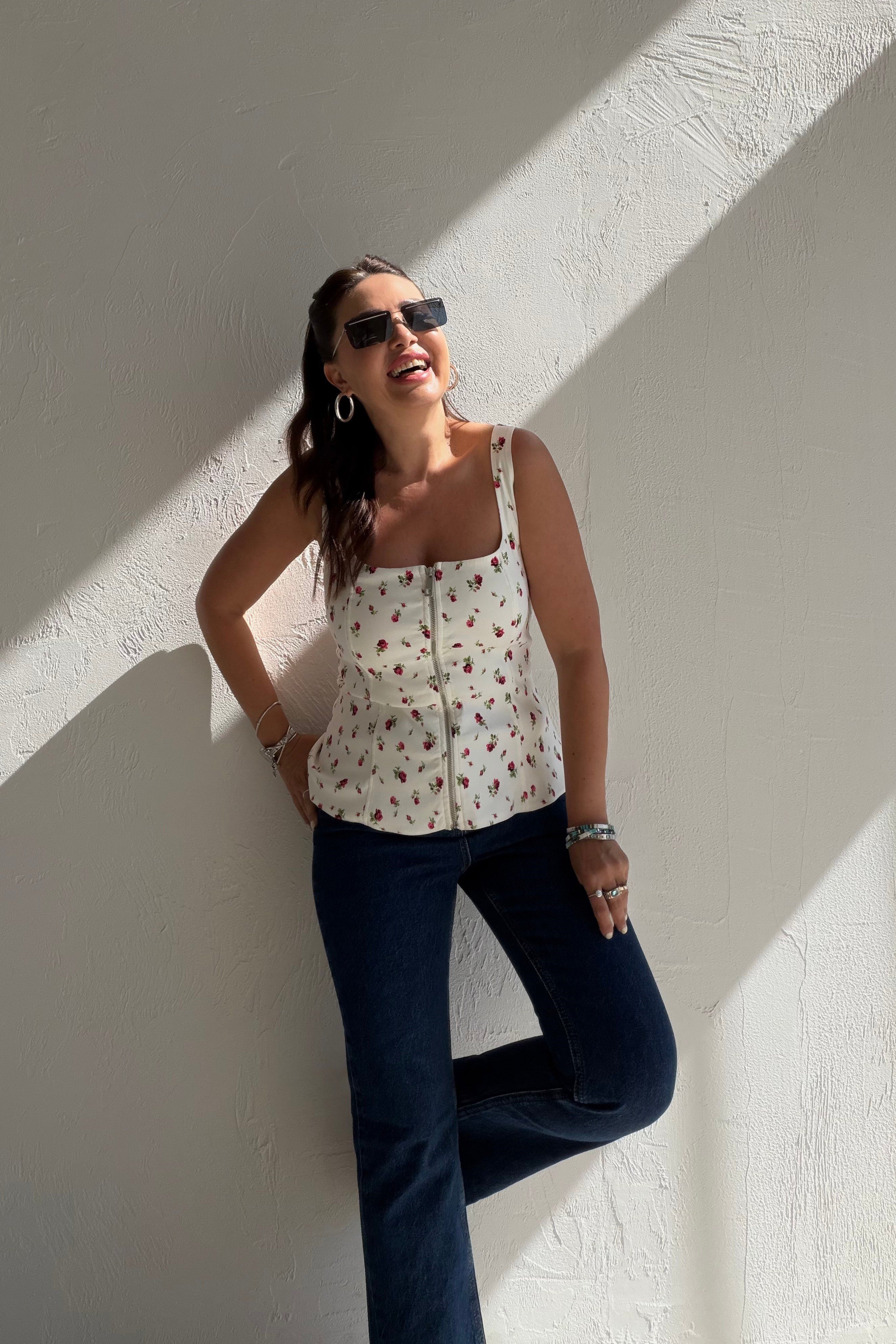 Çiçekli Fermuarlı Crop Bluz EKRU