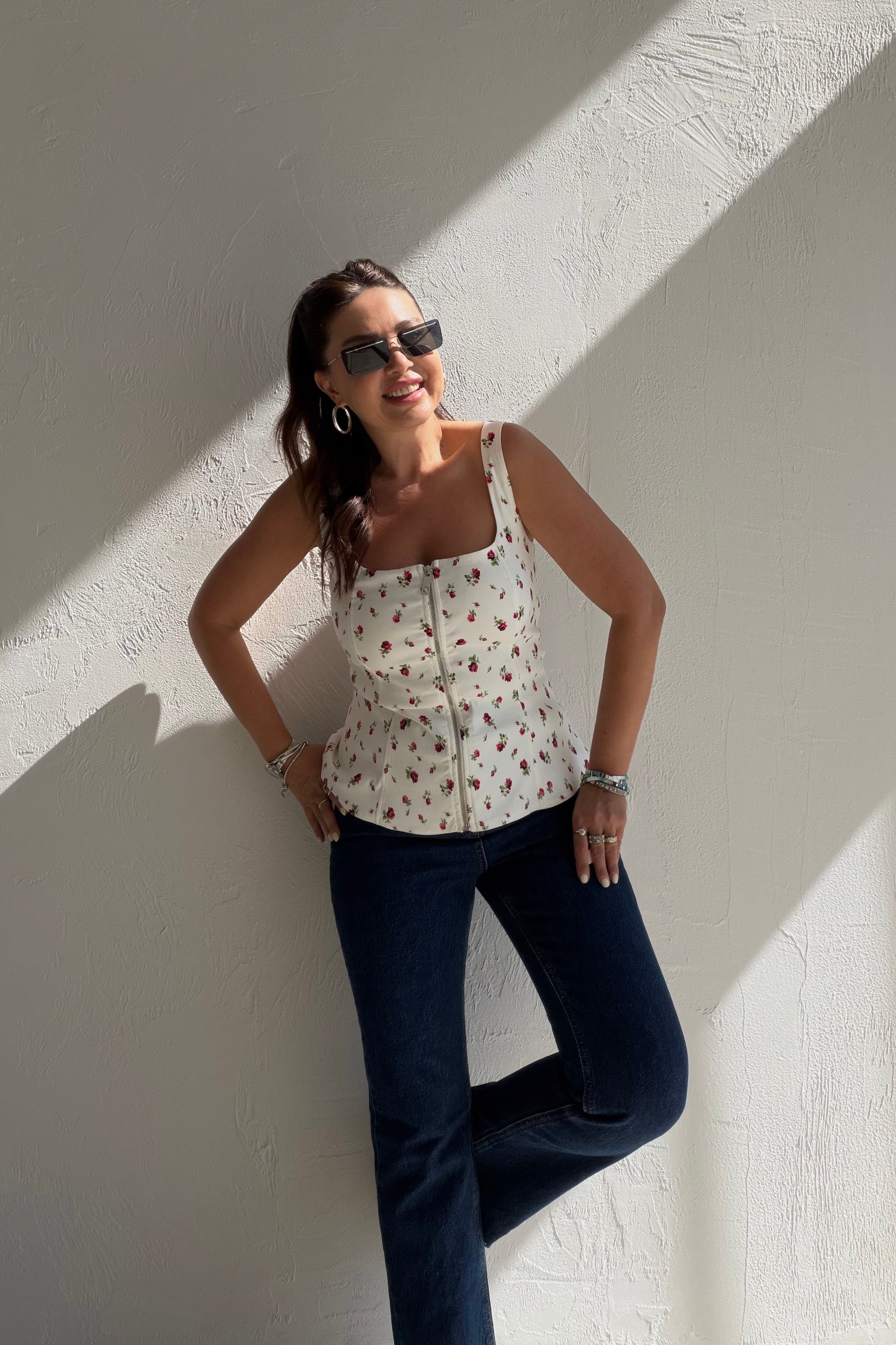 Çiçekli Fermuarlı Crop Bluz EKRU
