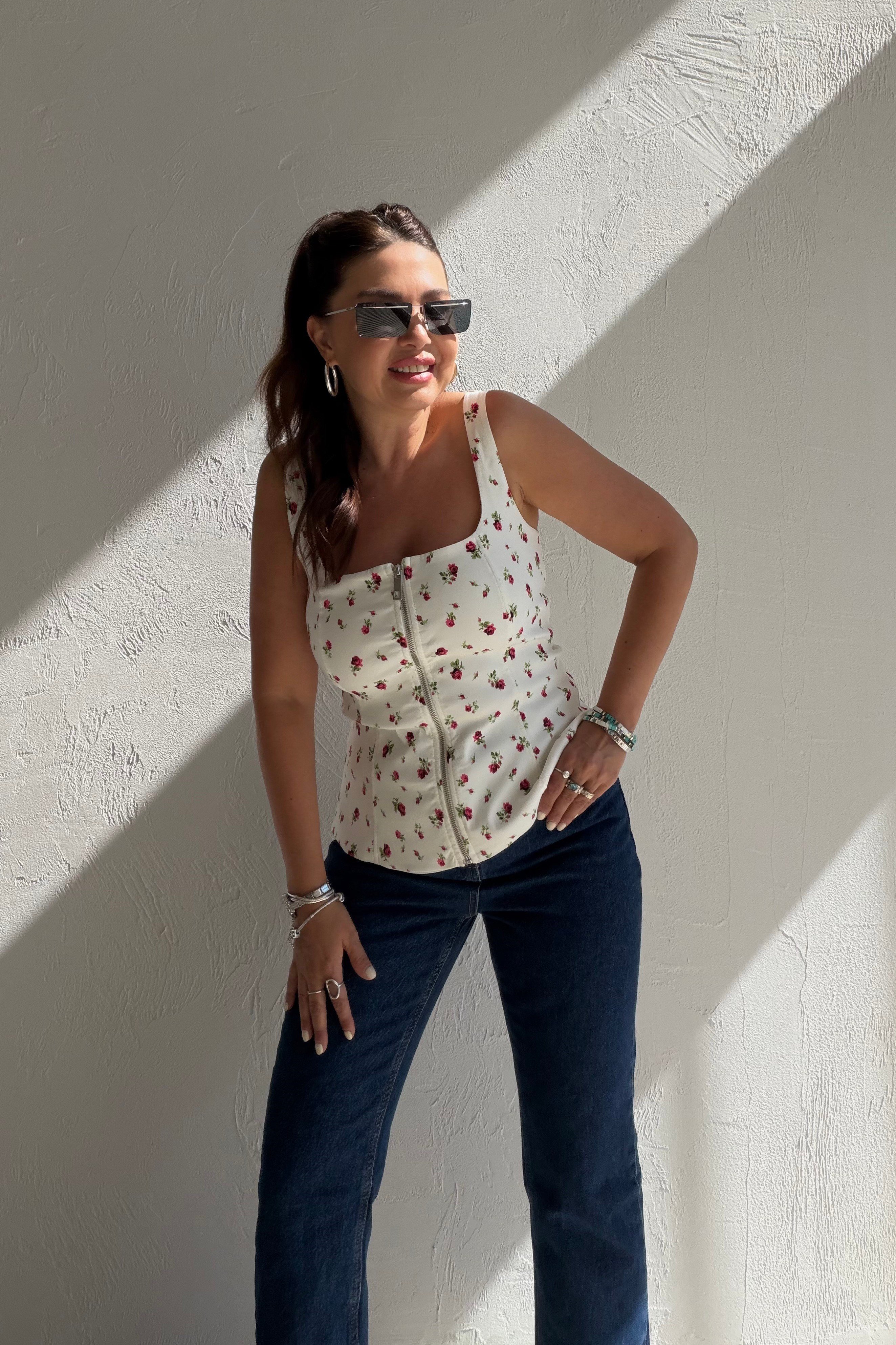 Çiçekli Fermuarlı Crop Bluz EKRU