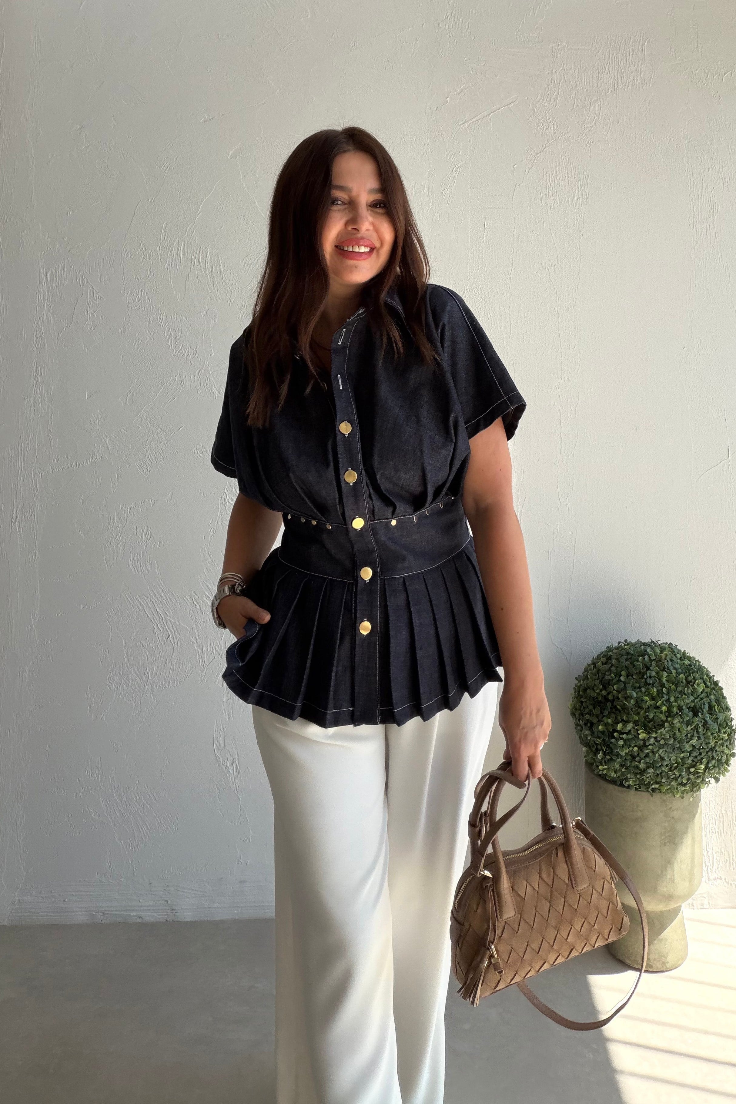 Çıtçıtlı Düğmeli Denim Gömek LACİVERT