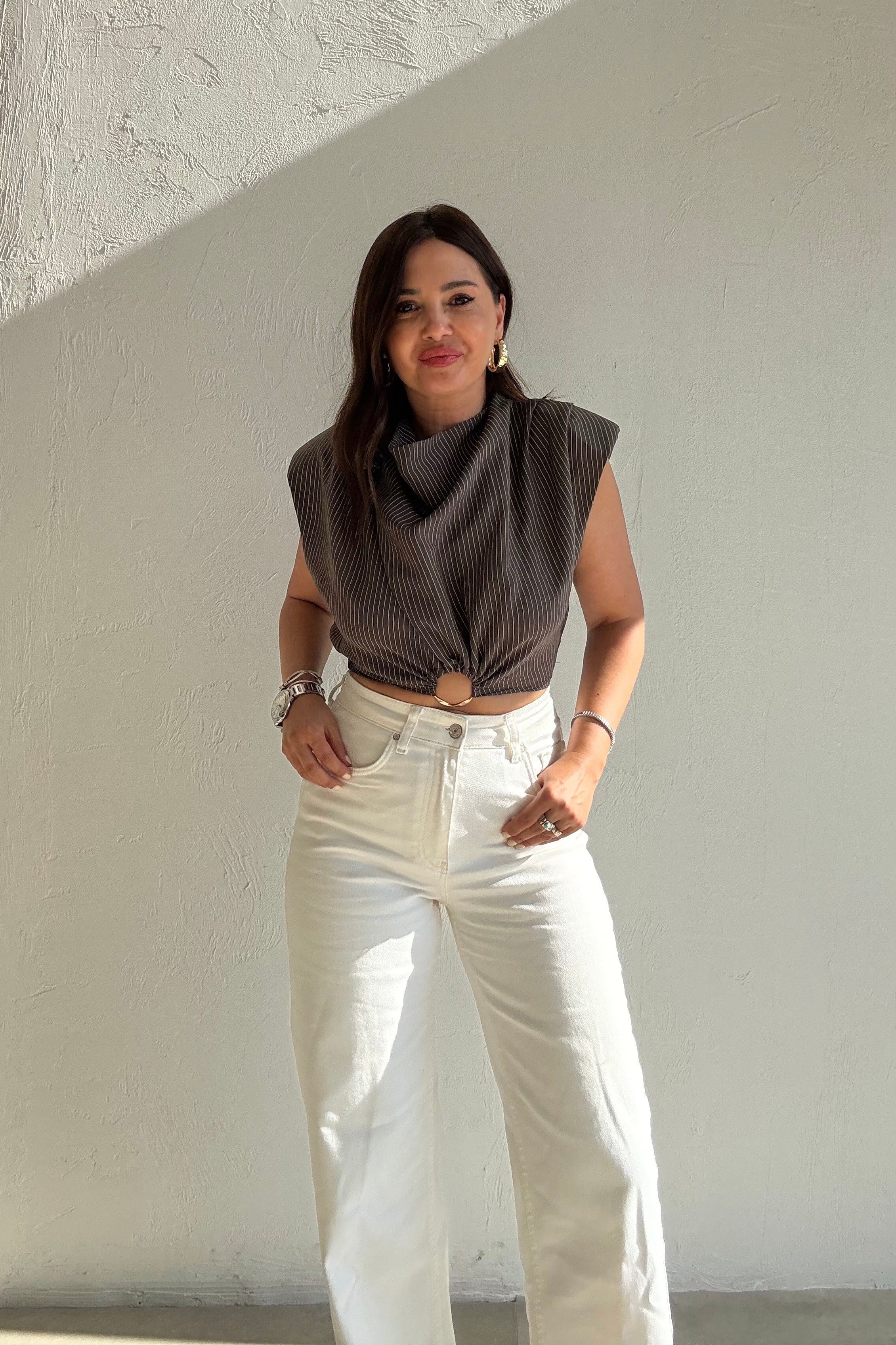 Çizgili Aksesuarlı Crop Bluz KAHVERENGİ