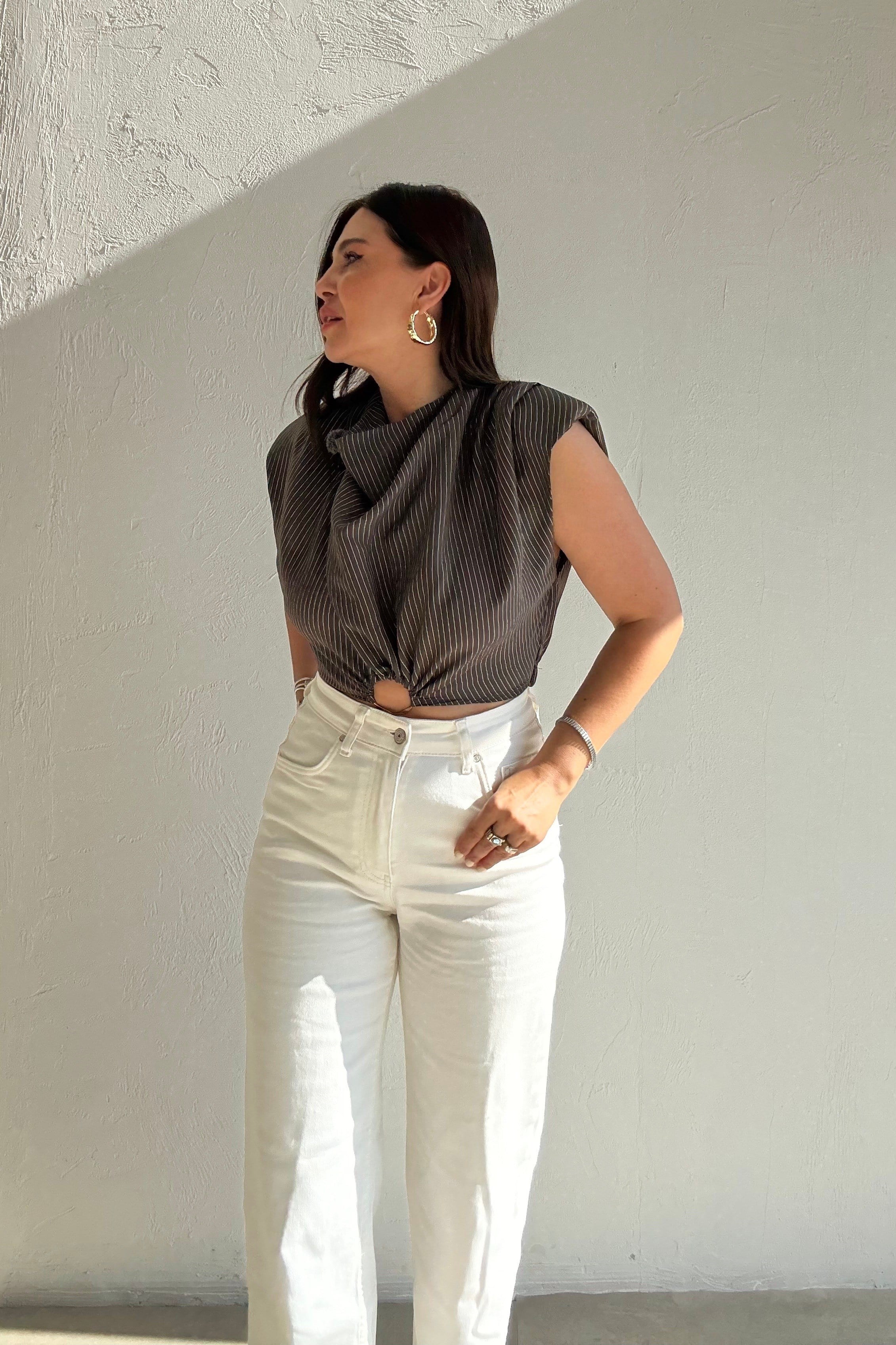 Çizgili Aksesuarlı Crop Bluz KAHVERENGİ