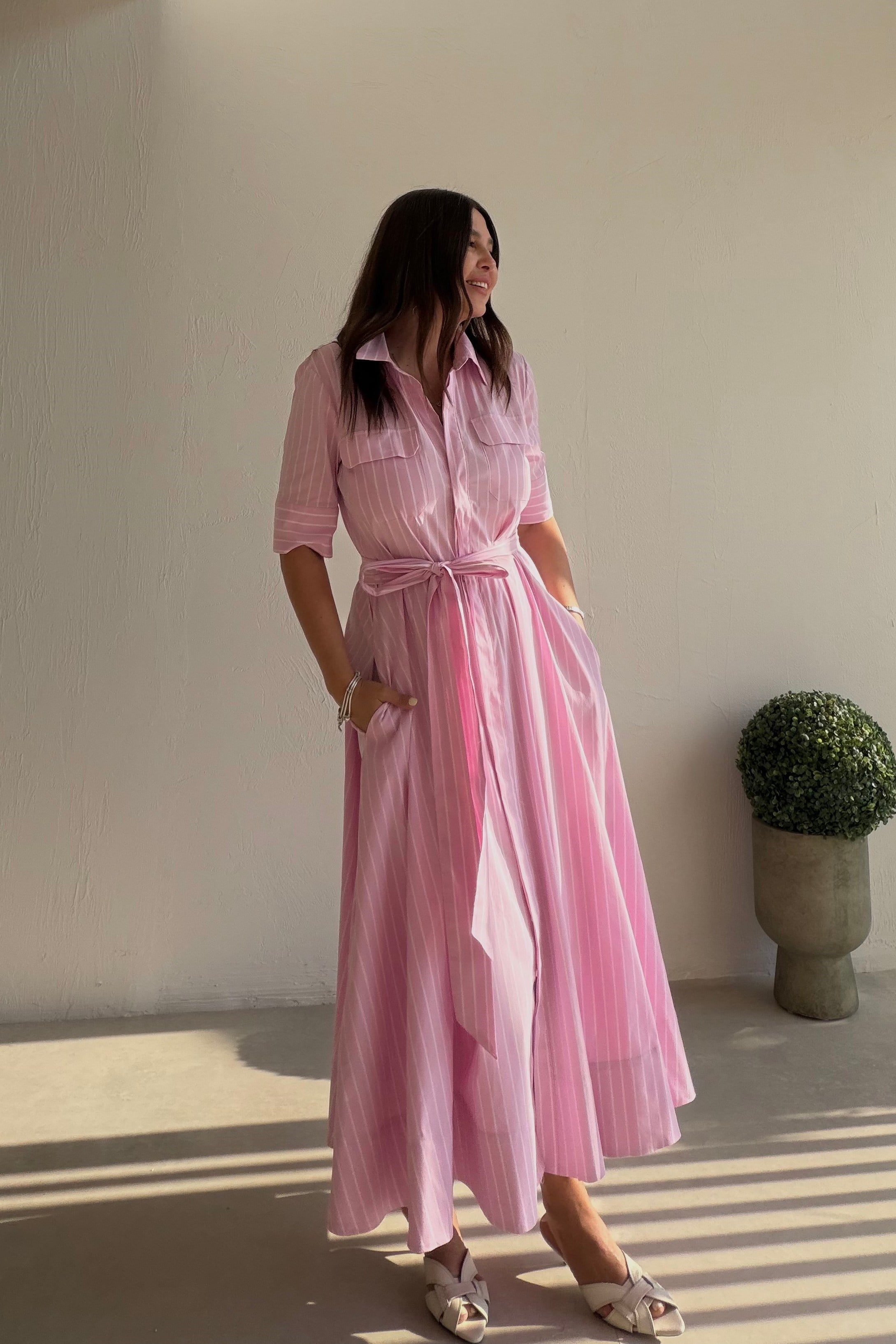 Çizgili Gömlek Elbise PEMBE