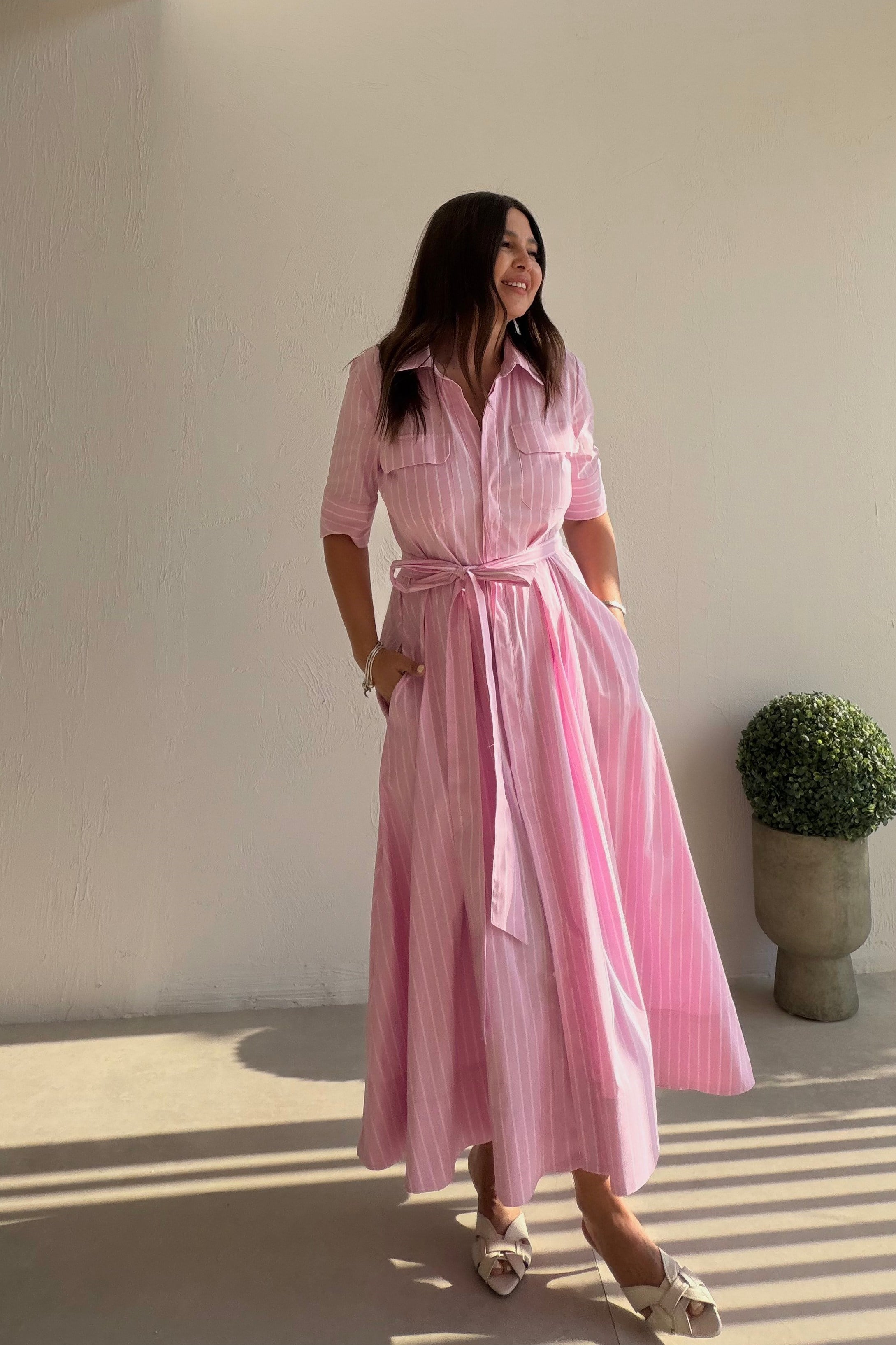 Çizgili Gömlek Elbise PEMBE