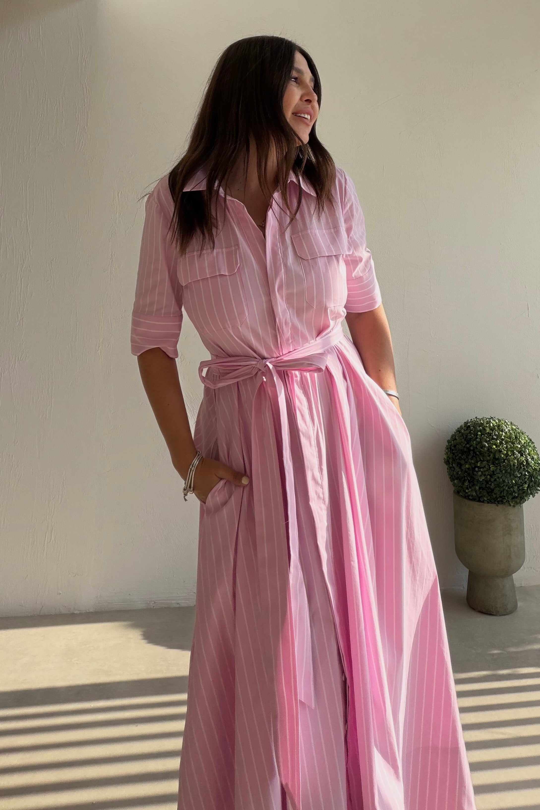 Çizgili Gömlek Elbise PEMBE