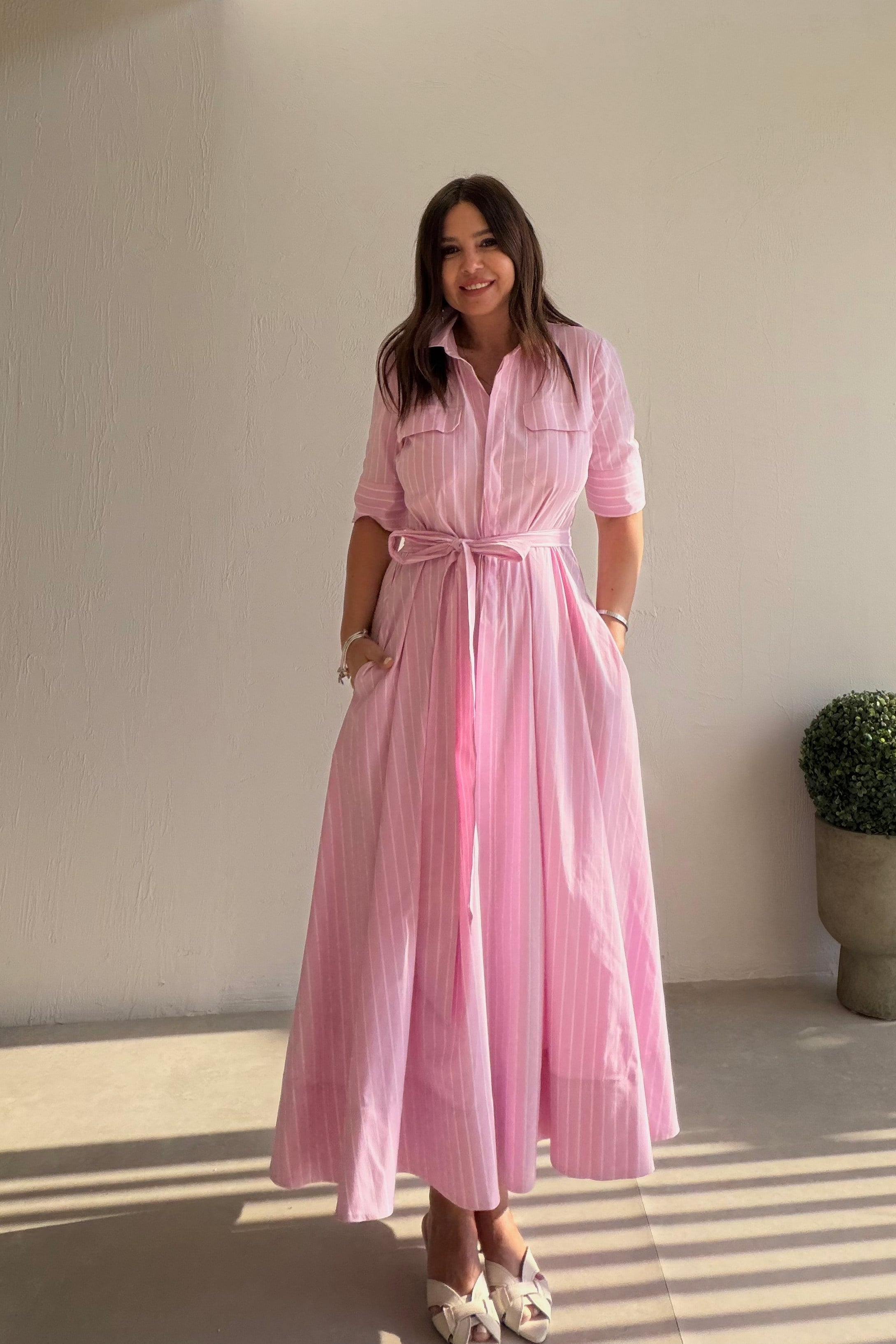 Çizgili Gömlek Elbise PEMBE