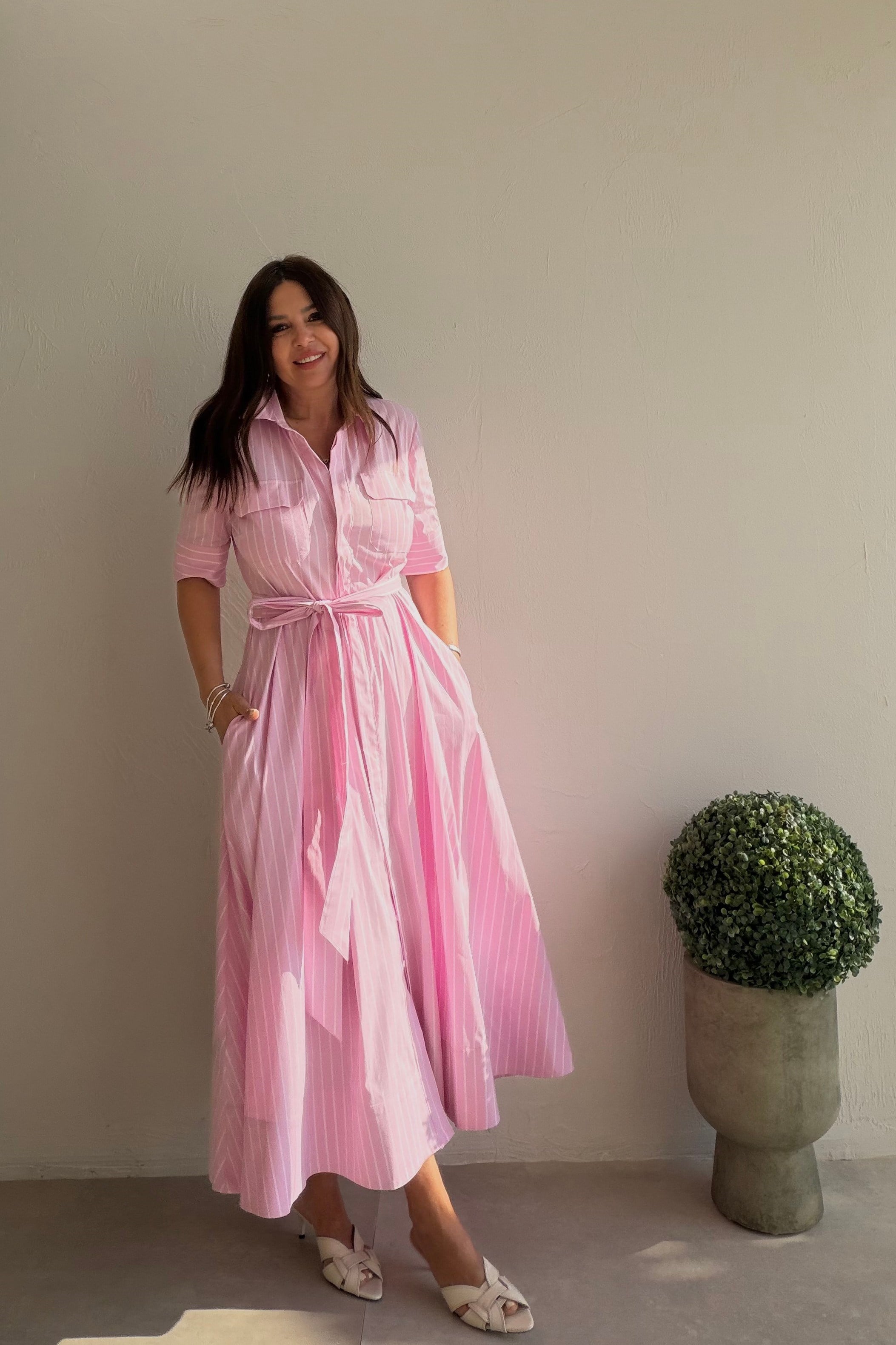 Çizgili Gömlek Elbise PEMBE