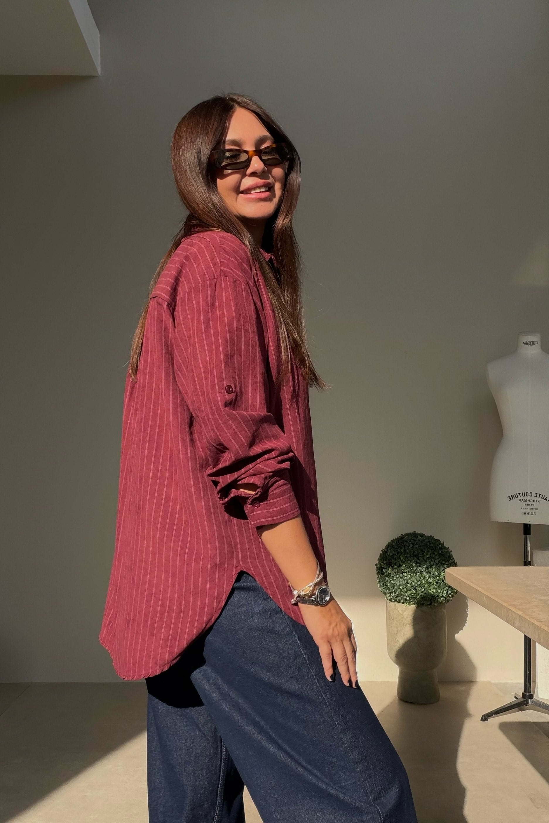 Çizgili Modal Gömlek BORDO