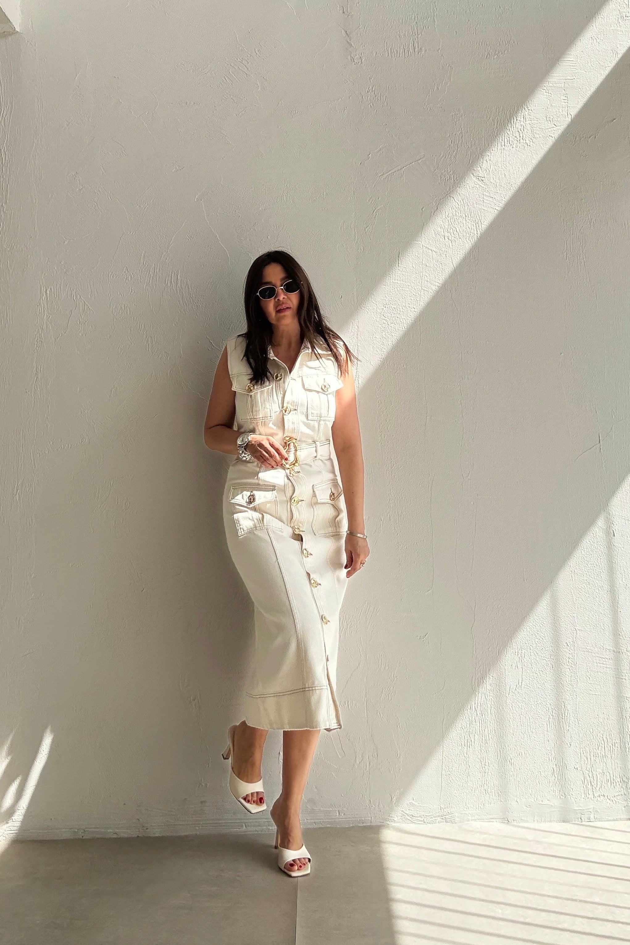 Denim Gold Düğmeli Elbise EKRU