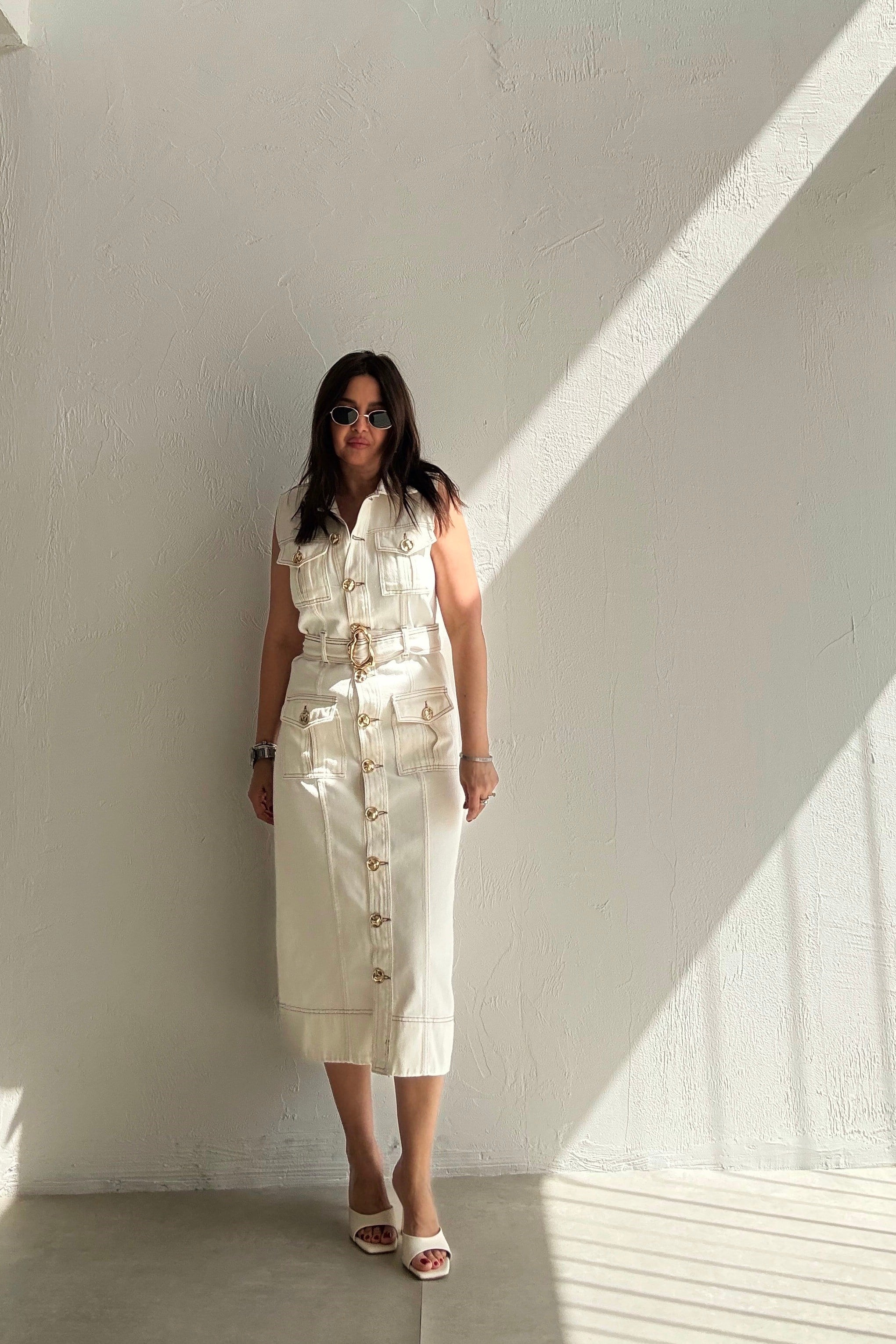 Denim Gold Düğmeli Elbise EKRU