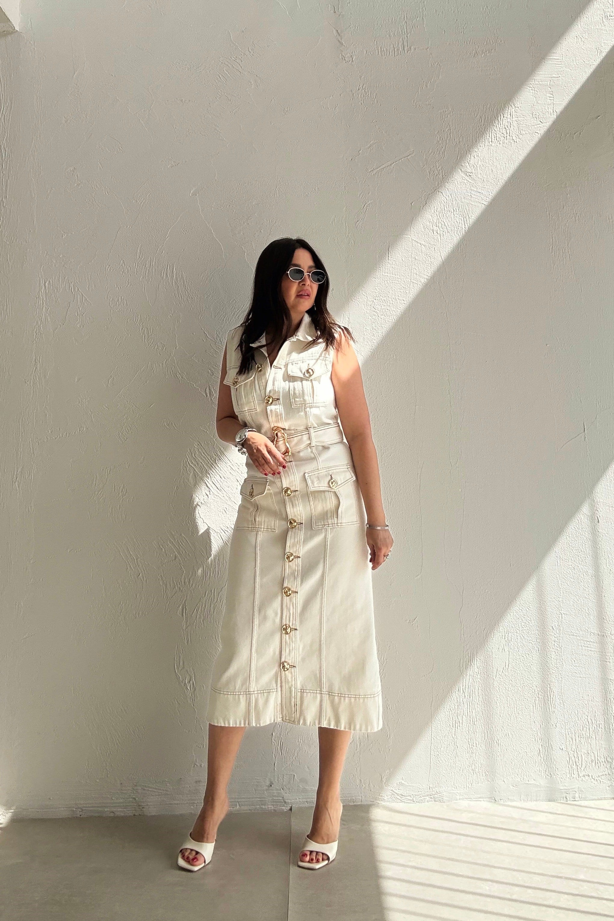 Denim Gold Düğmeli Elbise EKRU