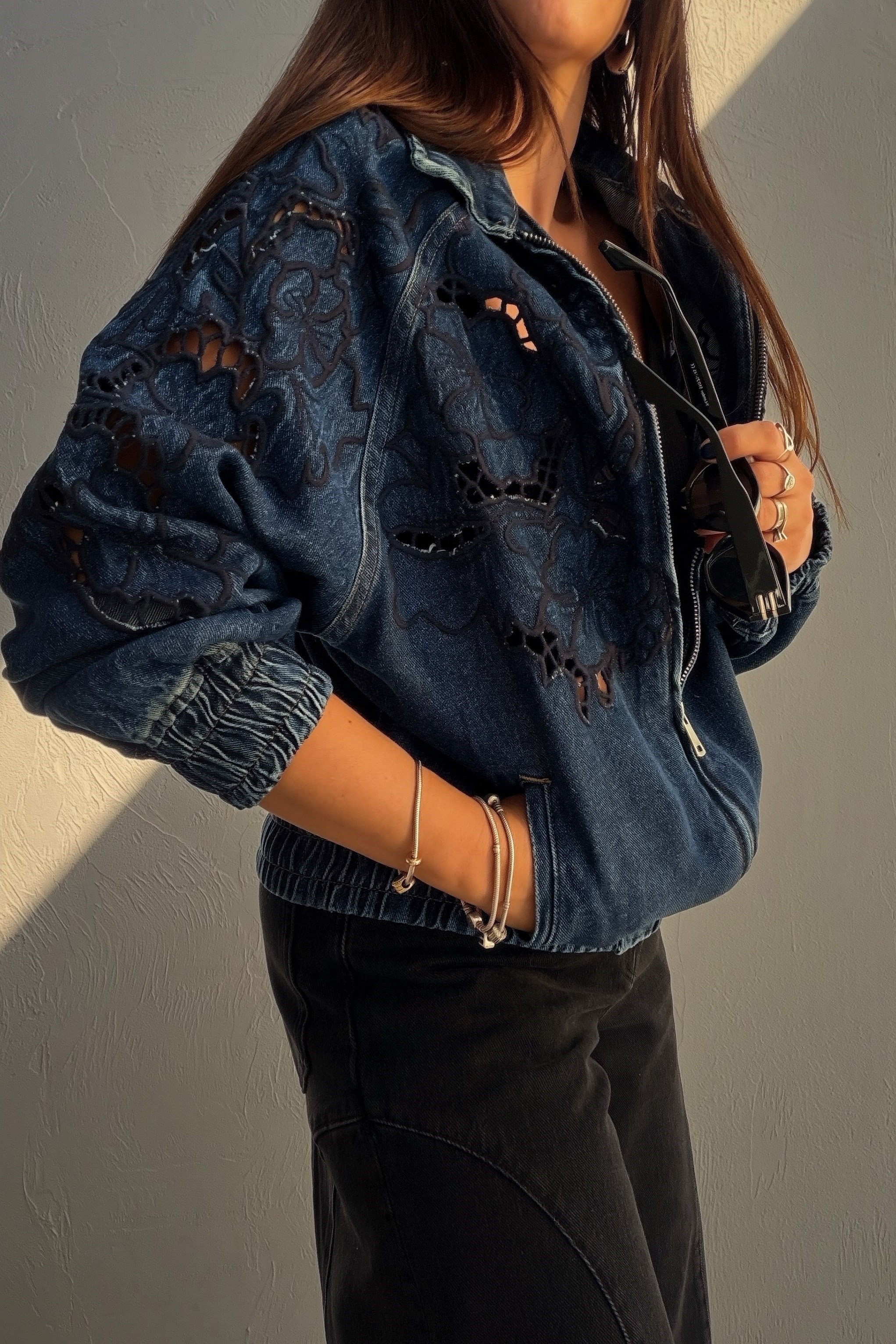 Denim İşlemeli Ceket MAVİ