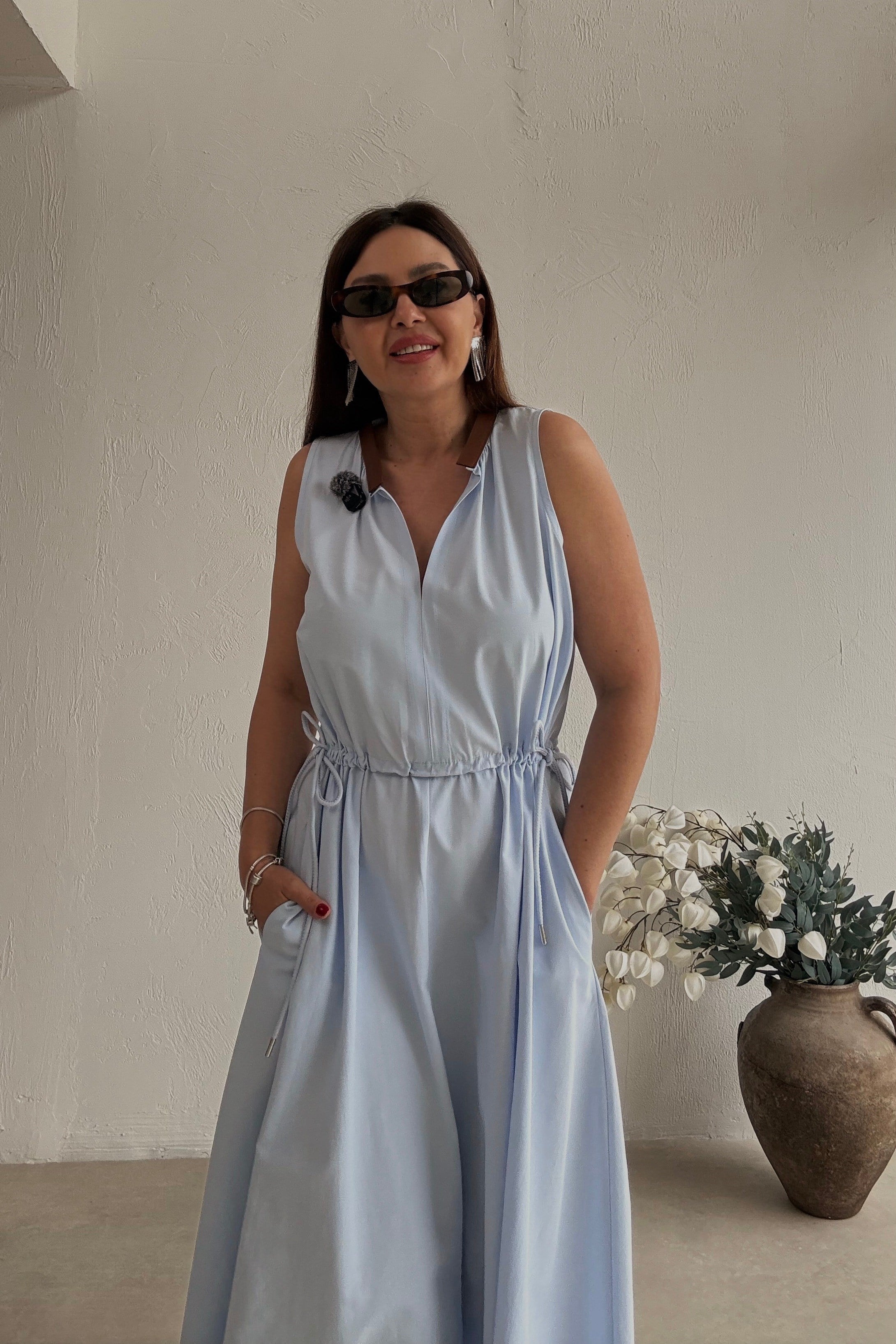 Deri Detaylı Elbise MAVİ