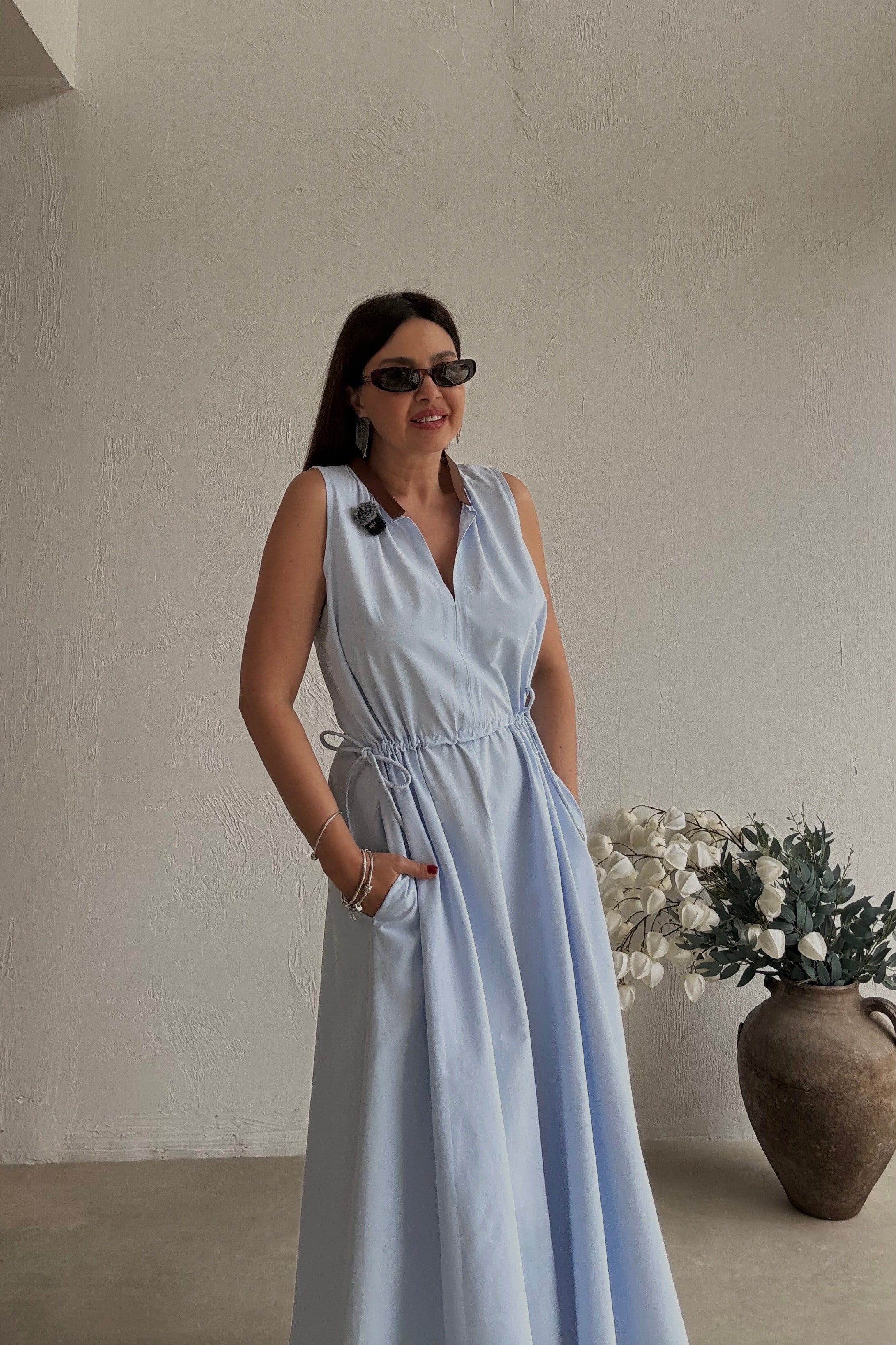 Deri Detaylı Elbise MAVİ