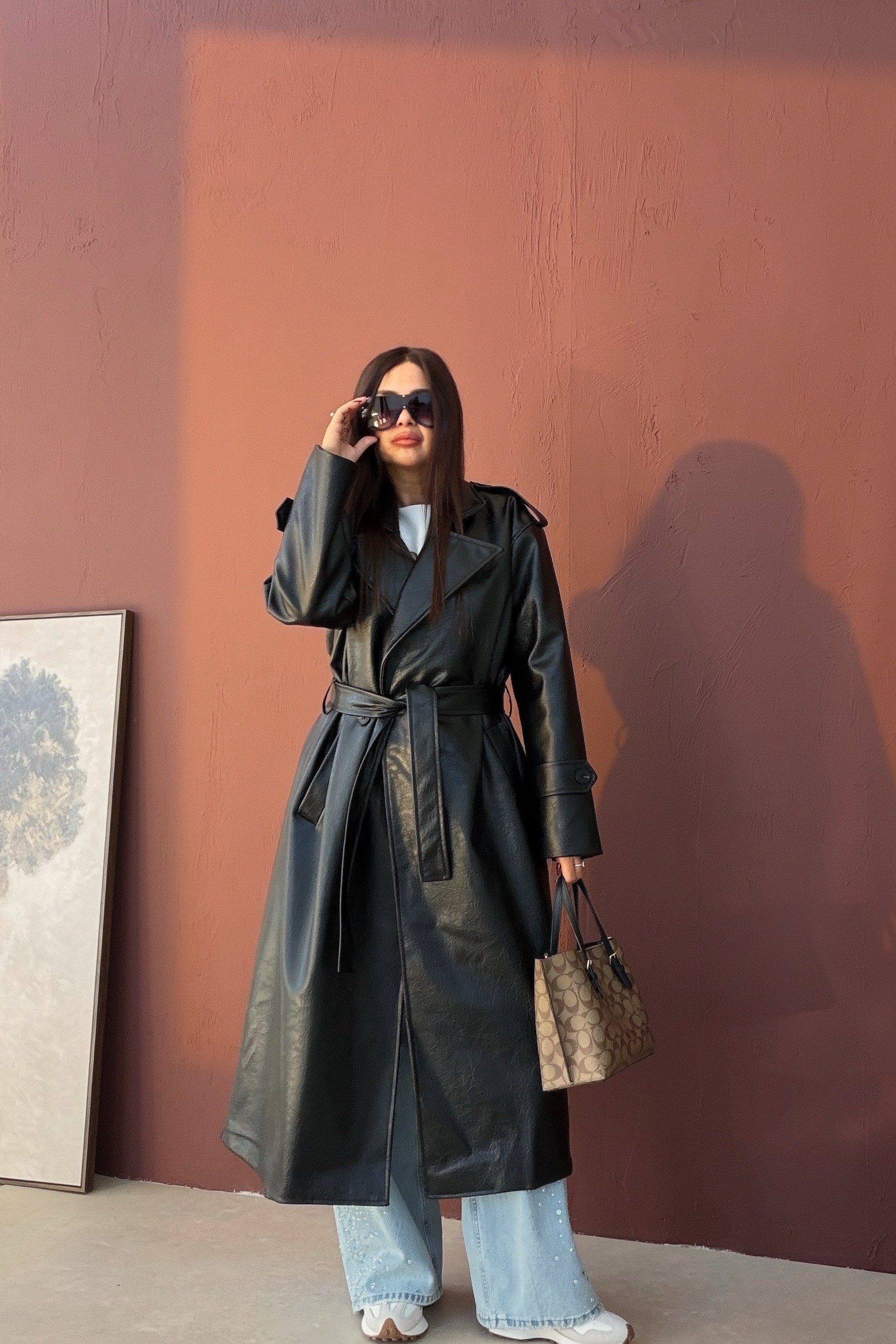 Deri Uzun Trenchcoat SİYAH