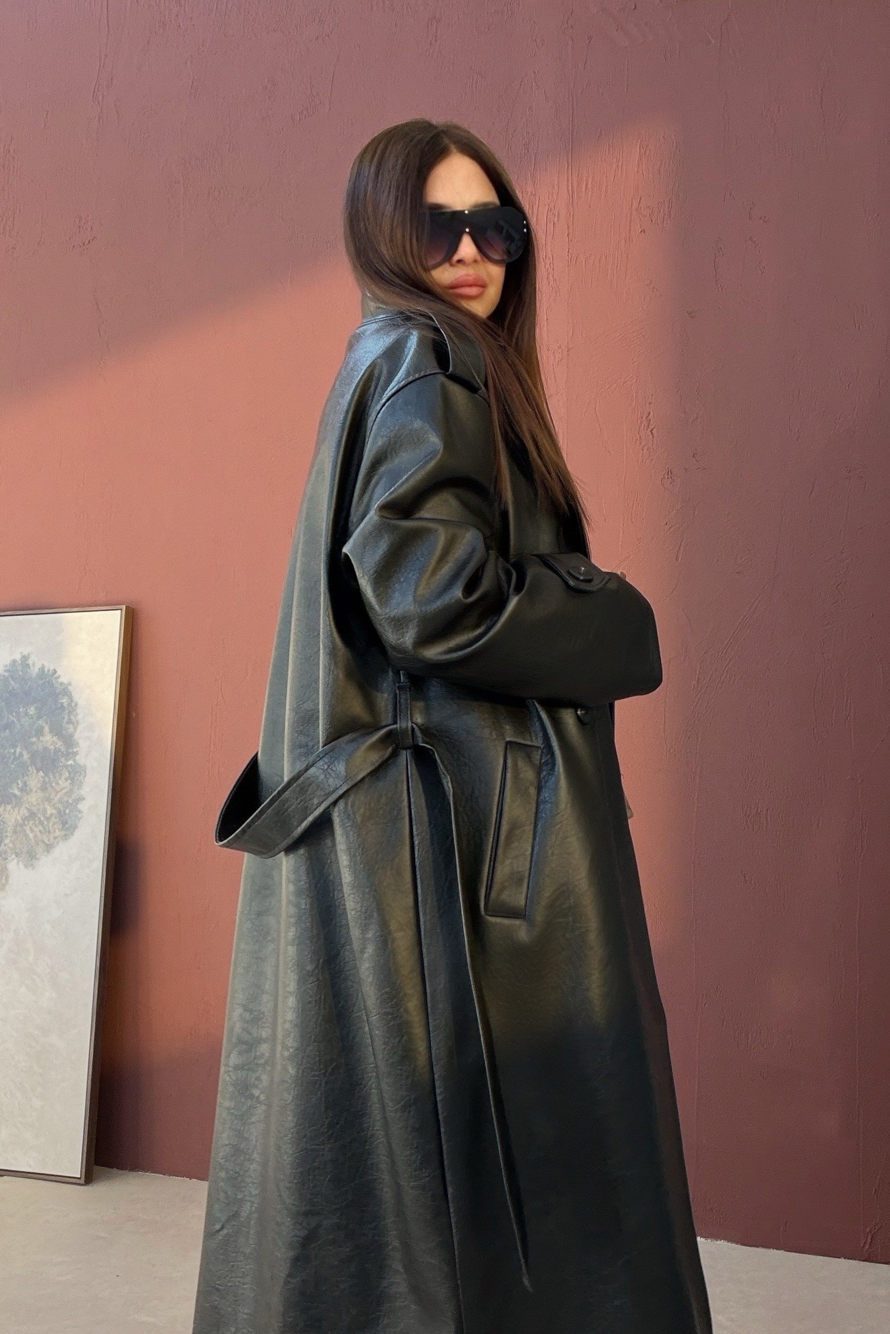 Deri Uzun Trenchcoat SİYAH