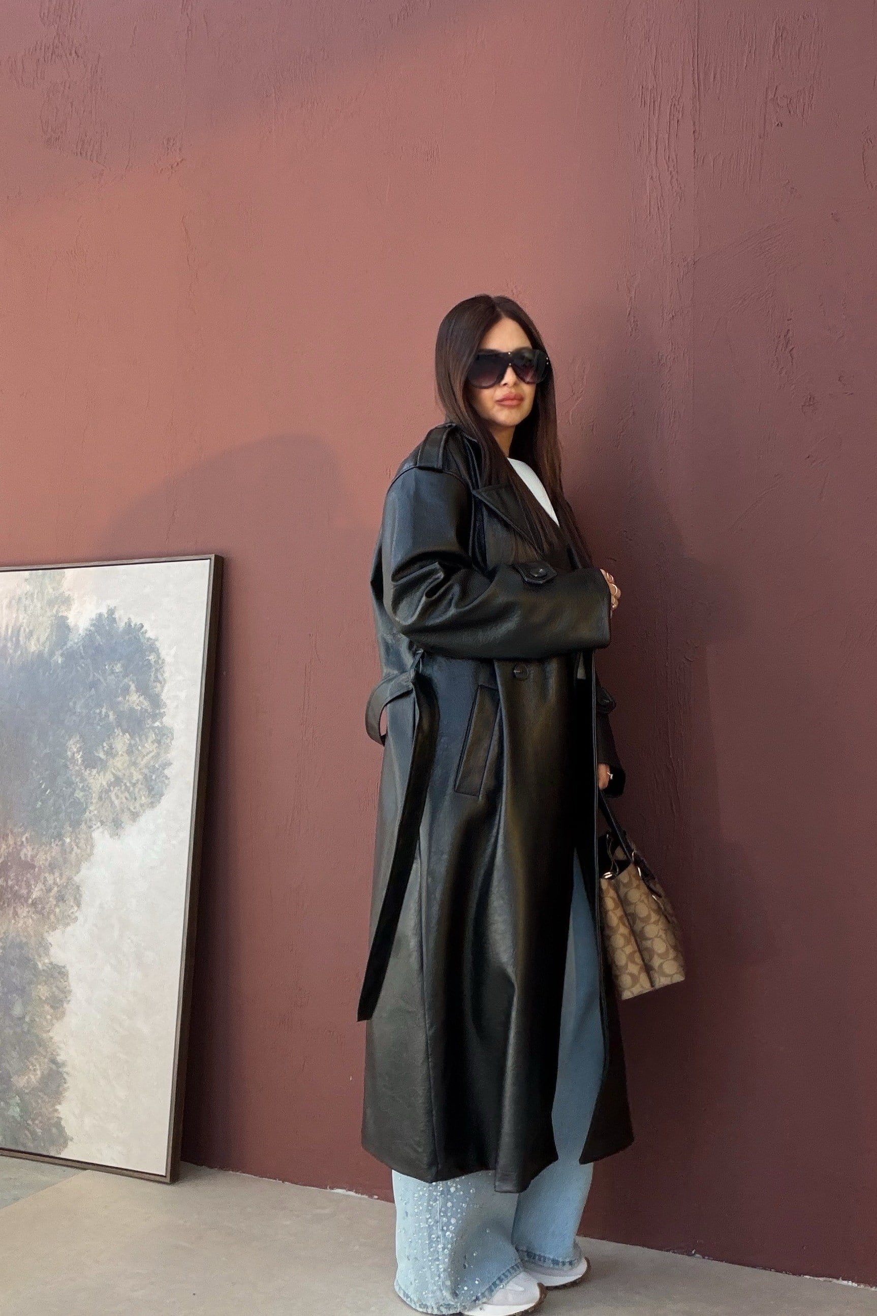 Deri Uzun Trenchcoat SİYAH