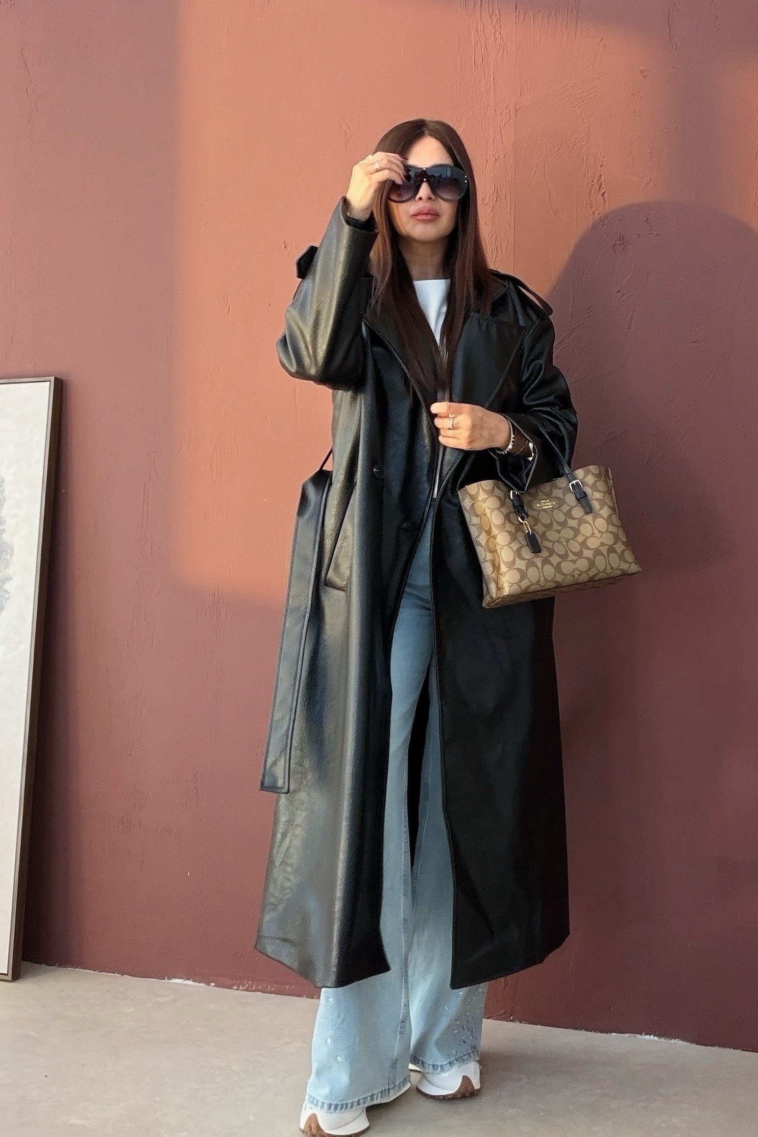 Deri Uzun Trenchcoat SİYAH