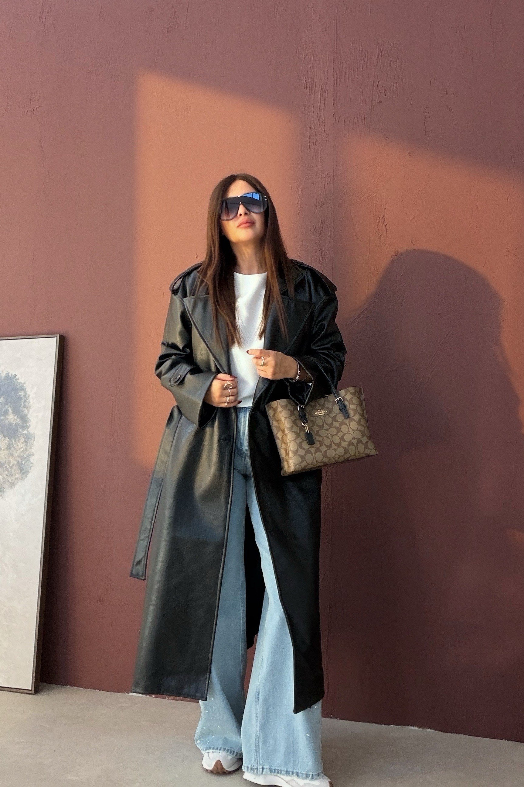 Deri Uzun Trenchcoat SİYAH