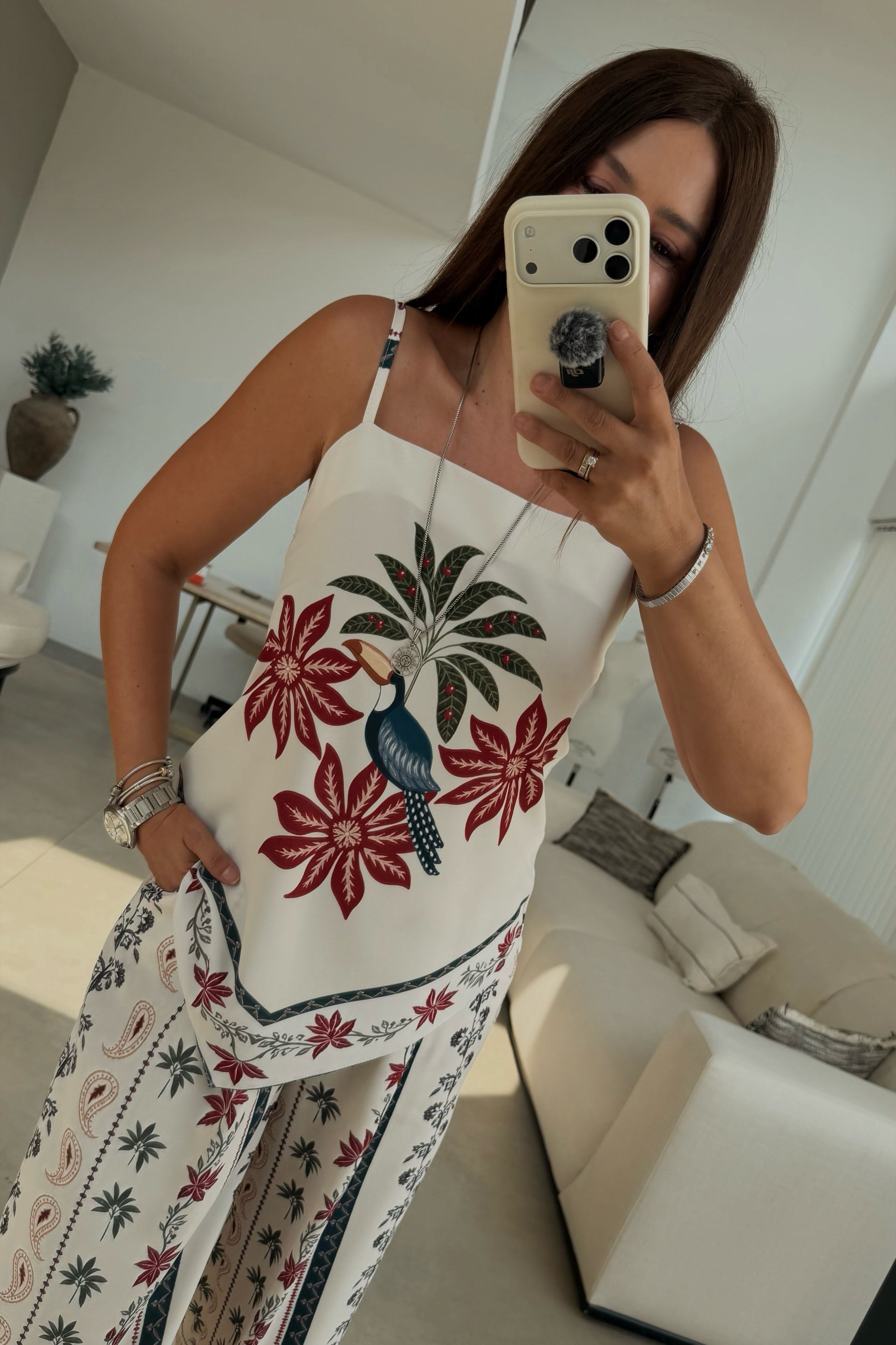 Desenli Askılı Bluz Pantolon Takım EKRU