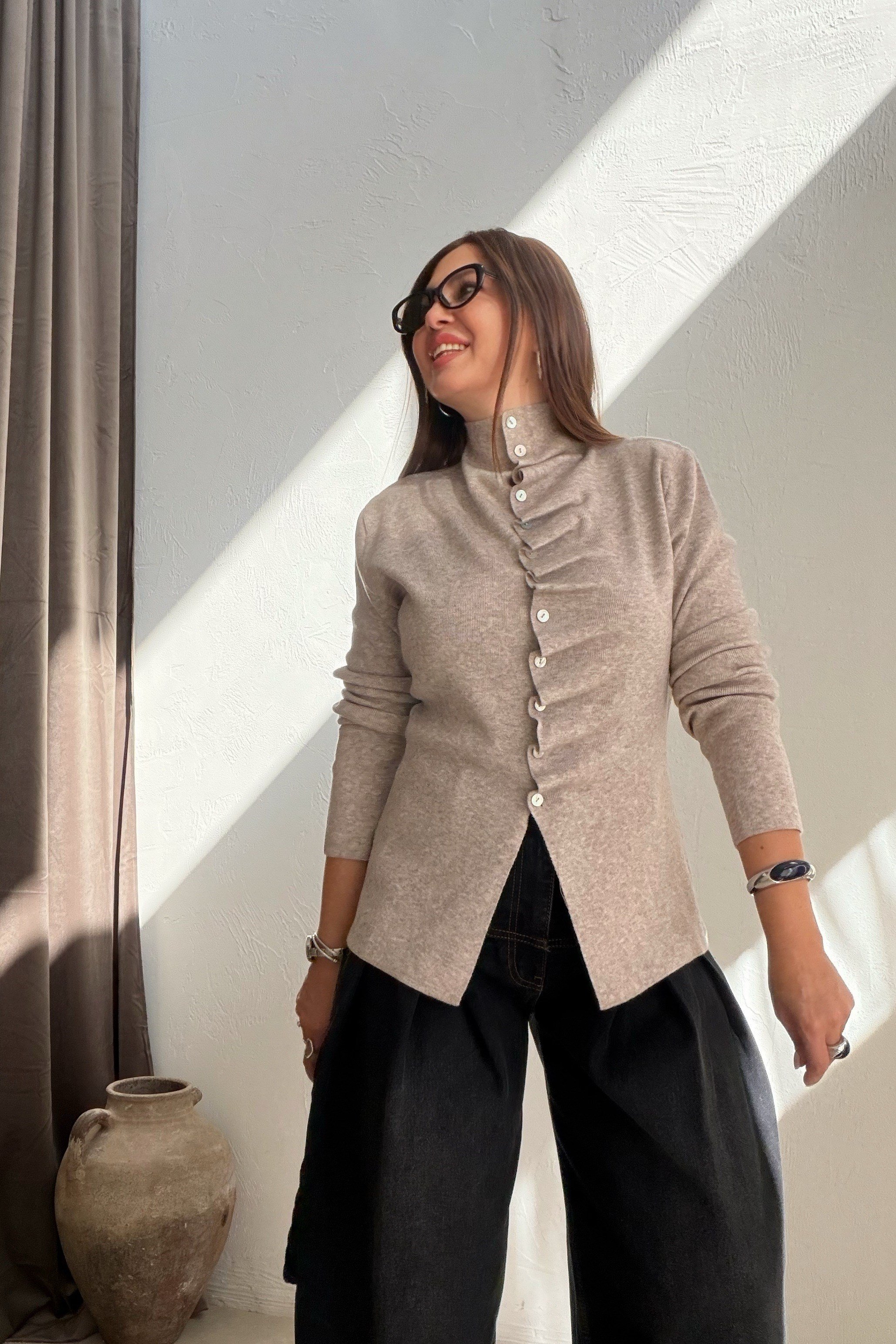 Drape Düğmeli Triko BEJ