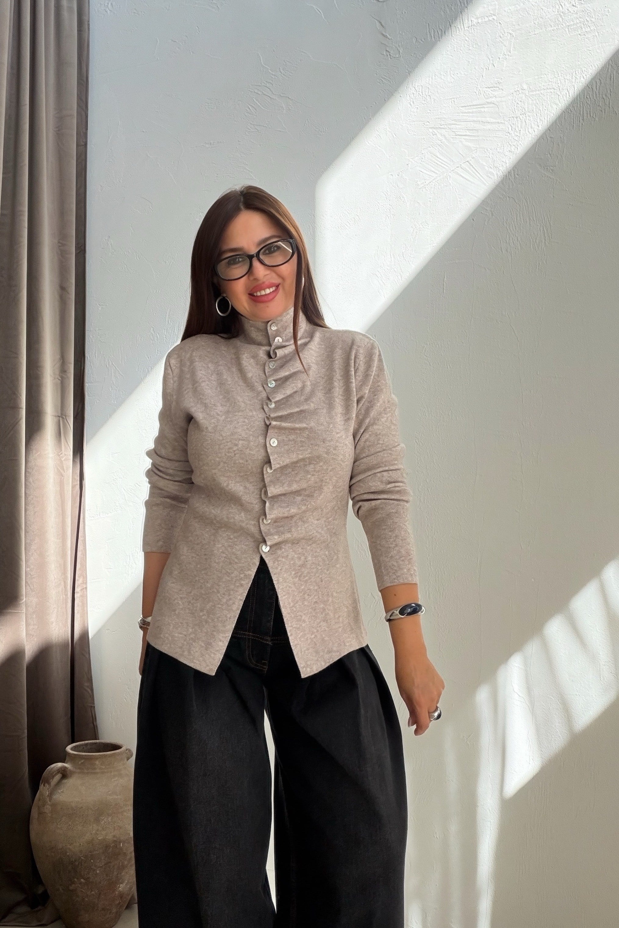 Drape Düğmeli Triko BEJ