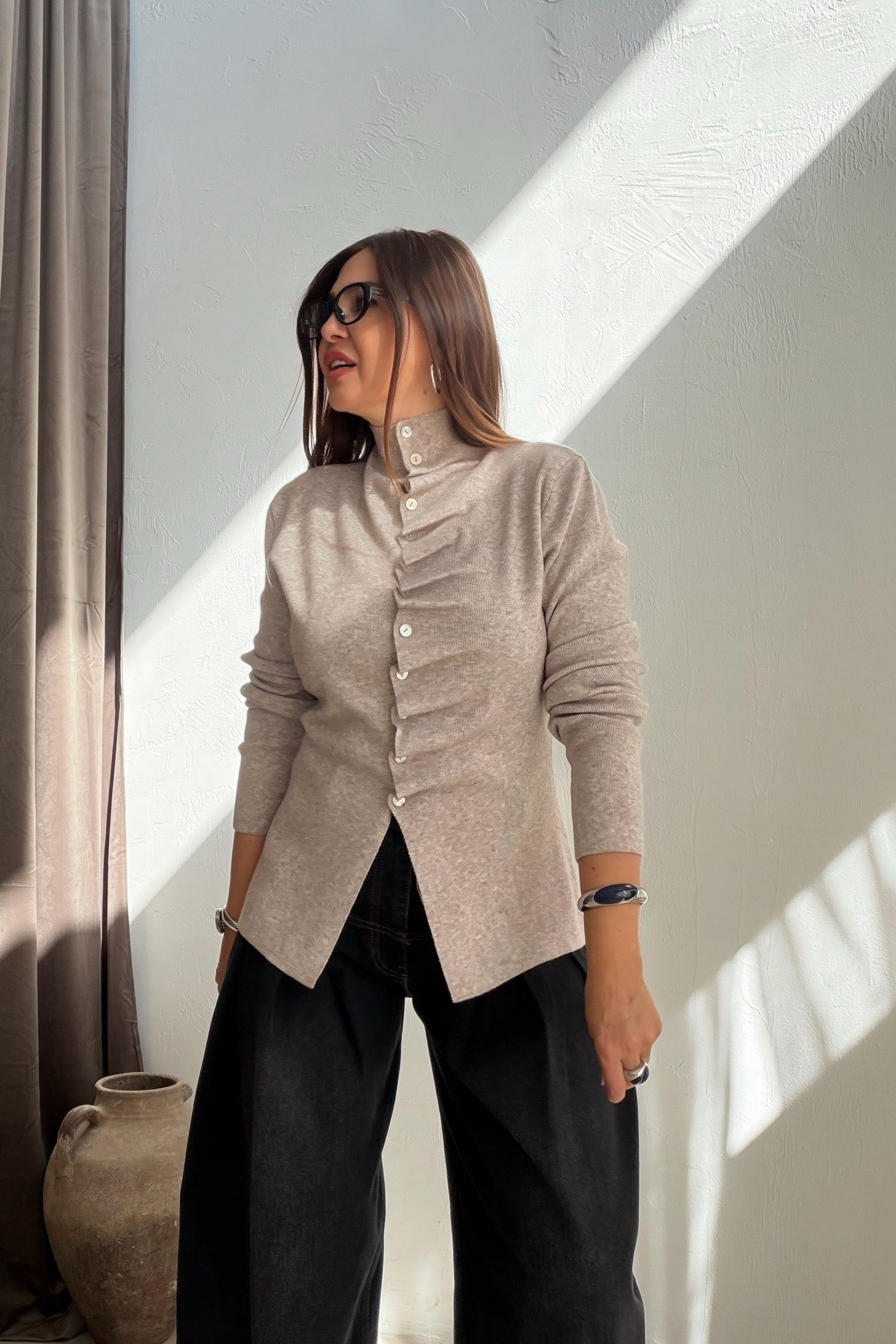 Drape Düğmeli Triko BEJ