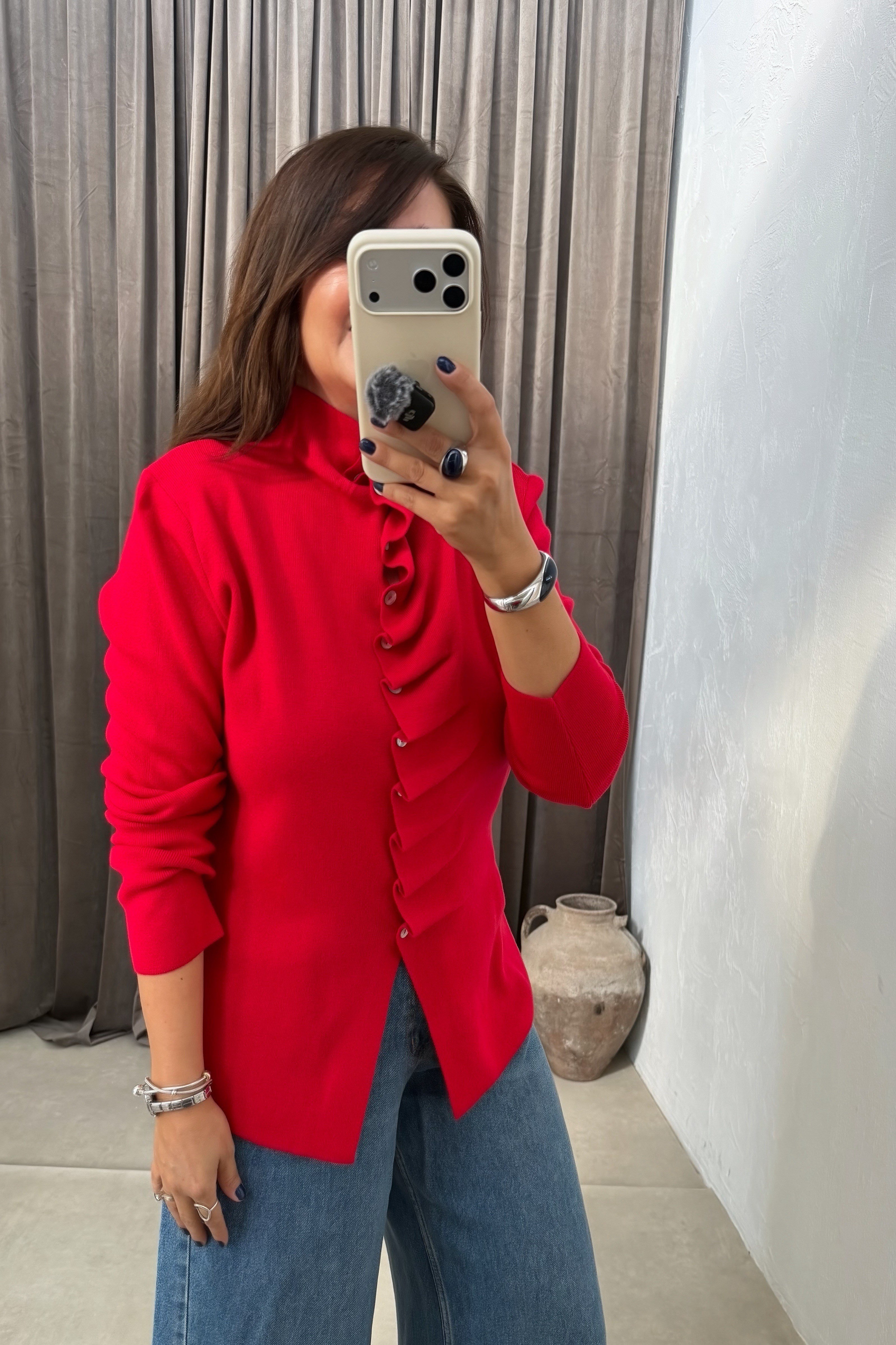 Drape Düğmeli Triko KIRMIZI