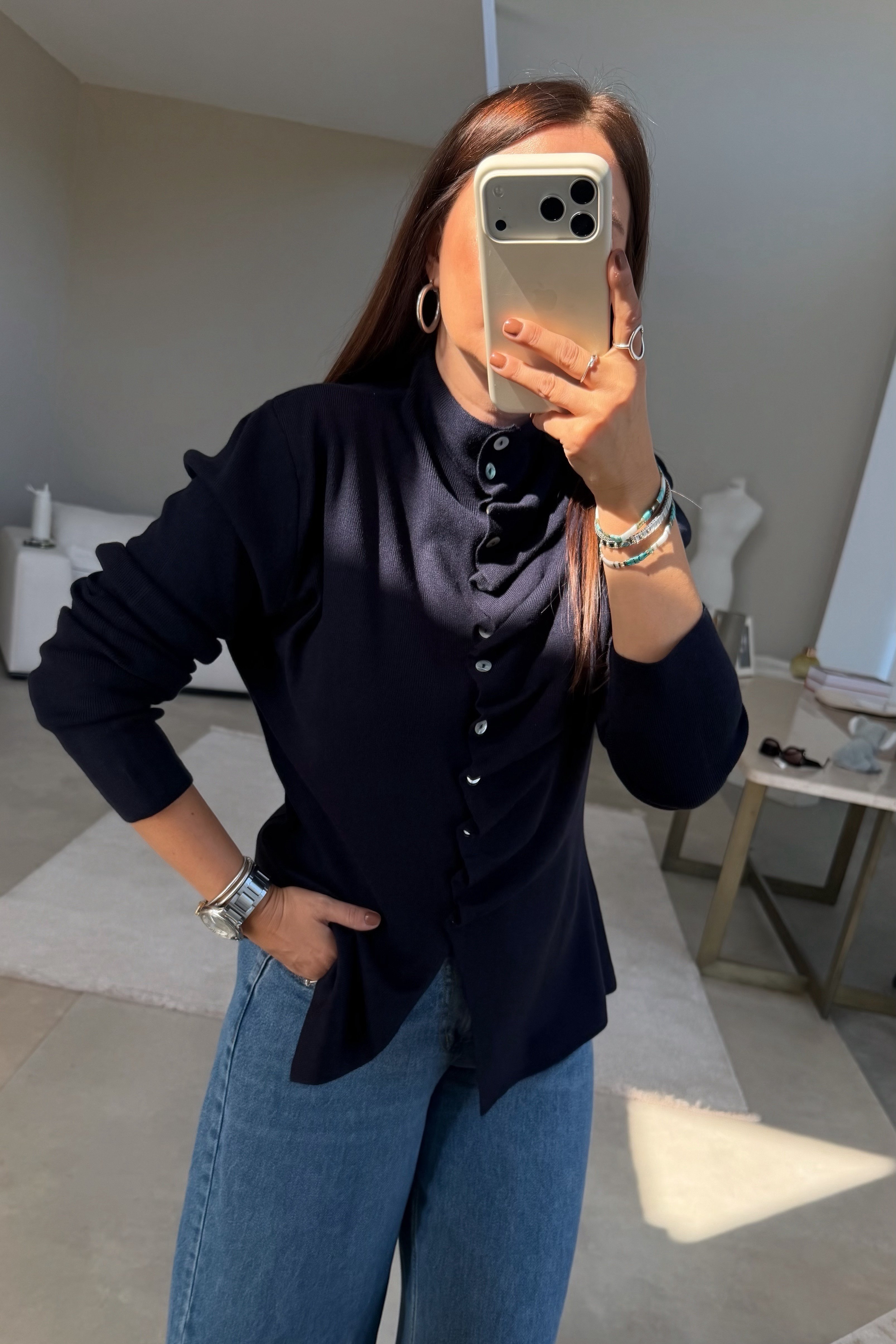 Drape Düğmeli Triko LACİVERT
