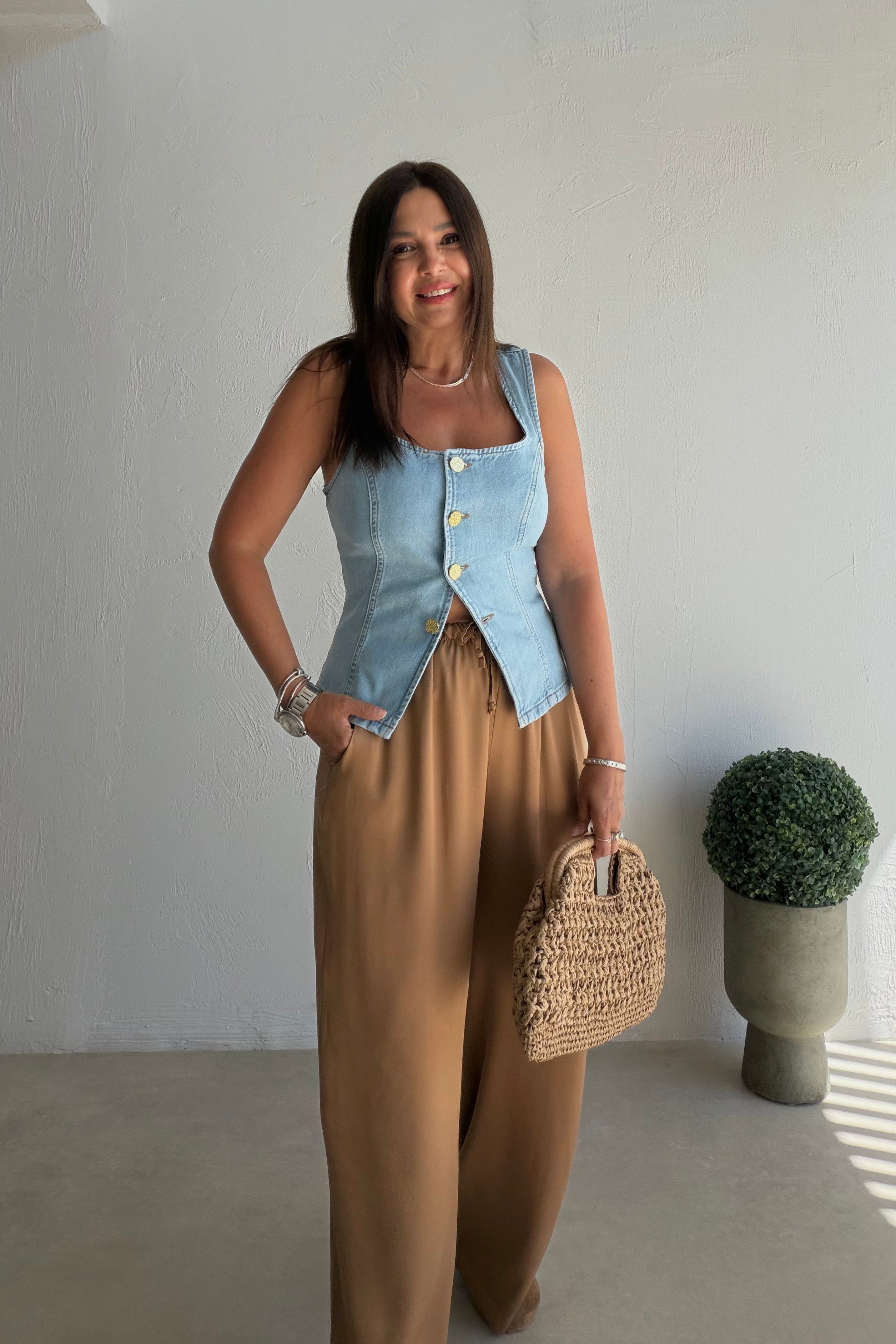 Düğmeli Denim Bluz BUZ MAVİSİ