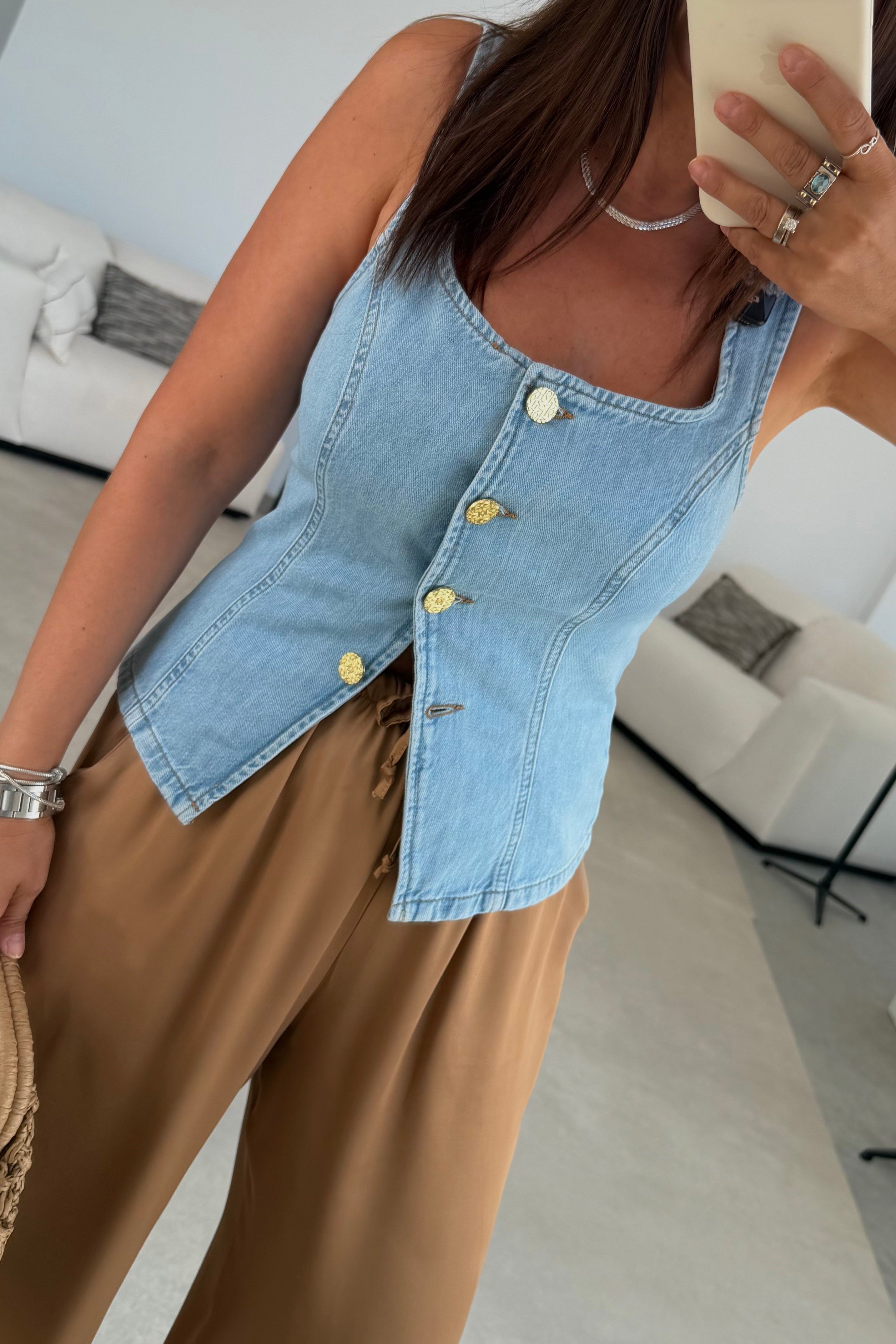 Düğmeli Denim Bluz BUZ MAVİSİ