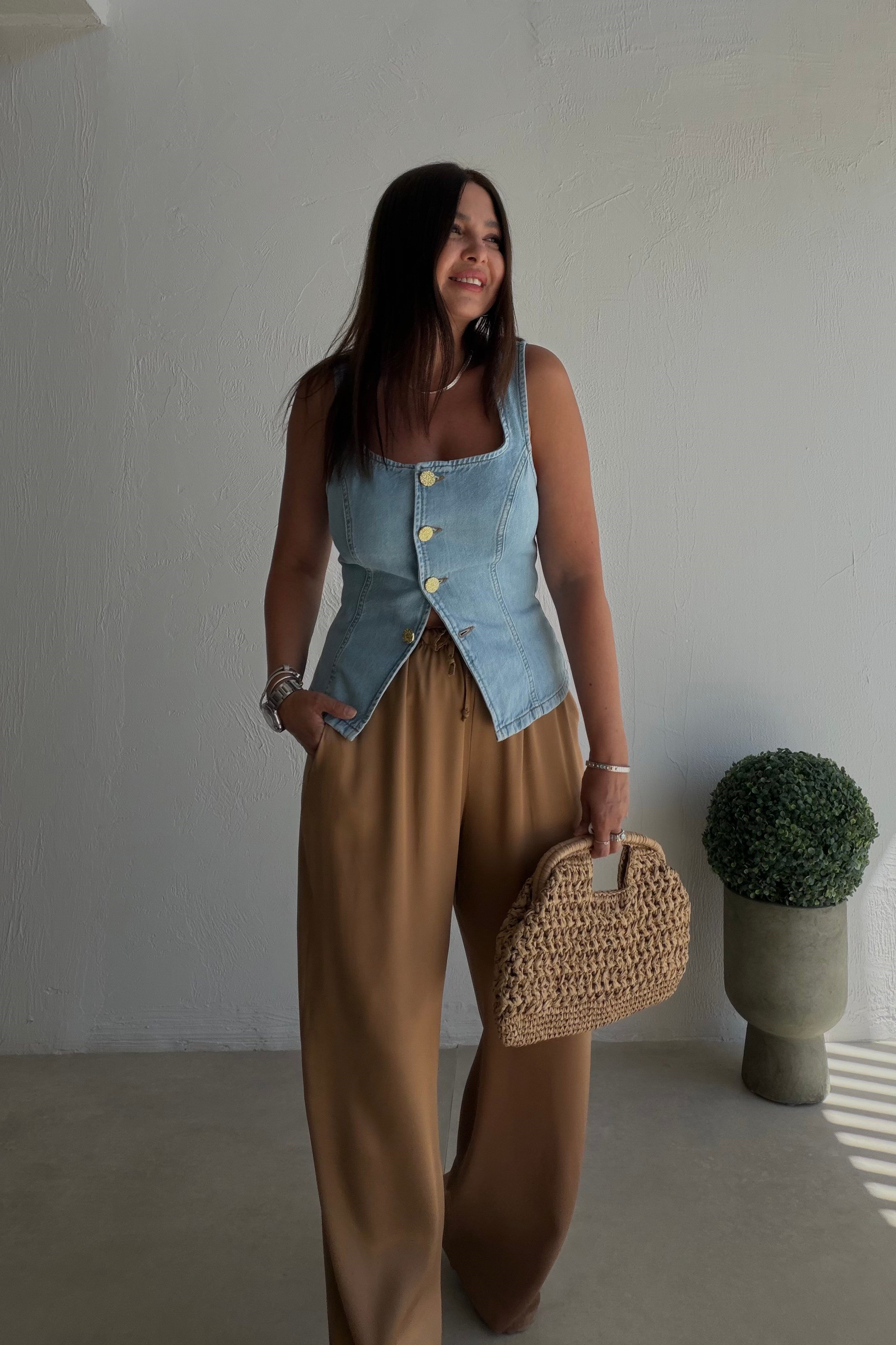 Düğmeli Denim Bluz BUZ MAVİSİ