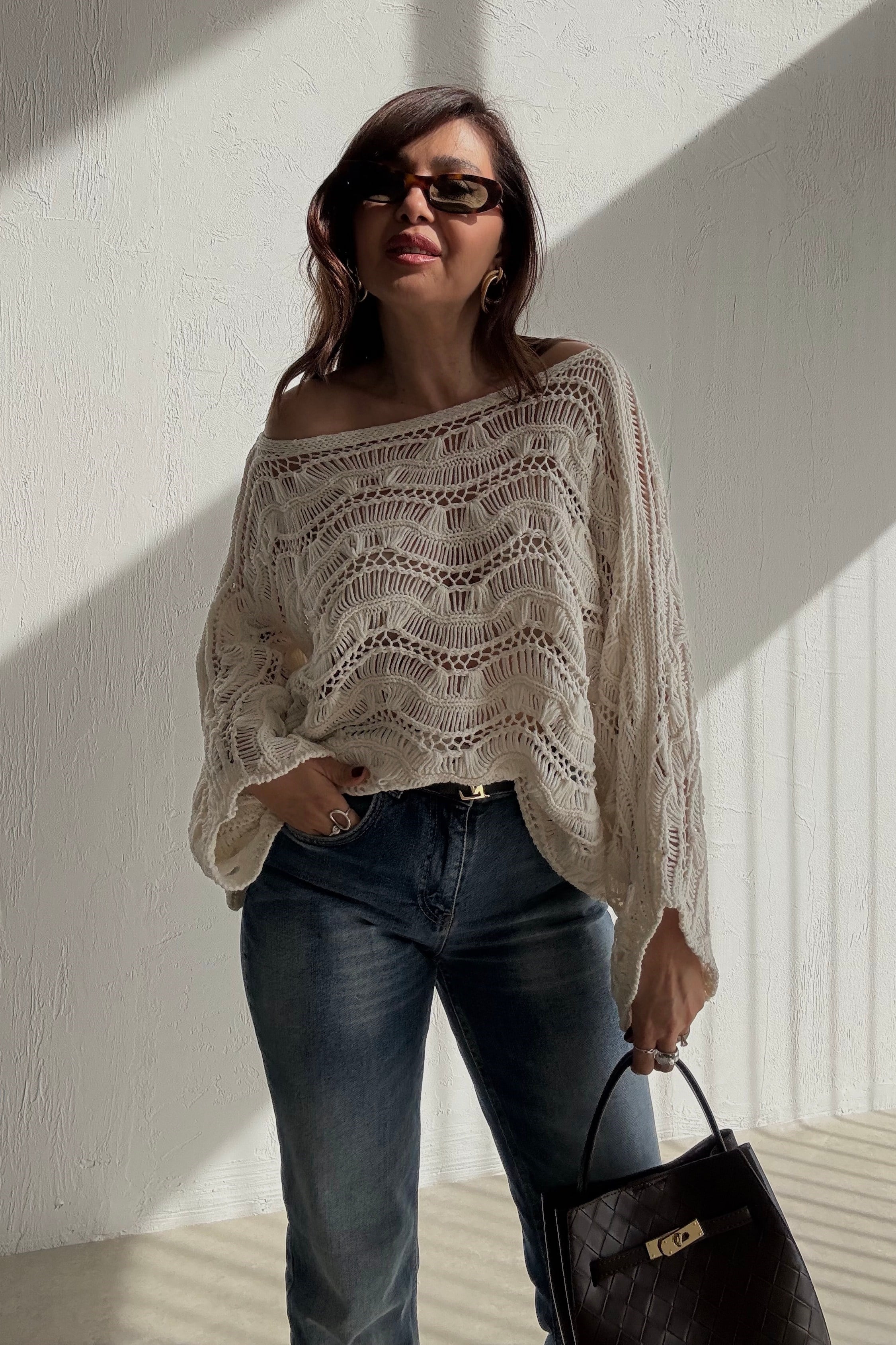 Ekru Ajurlu Triko Bluz 