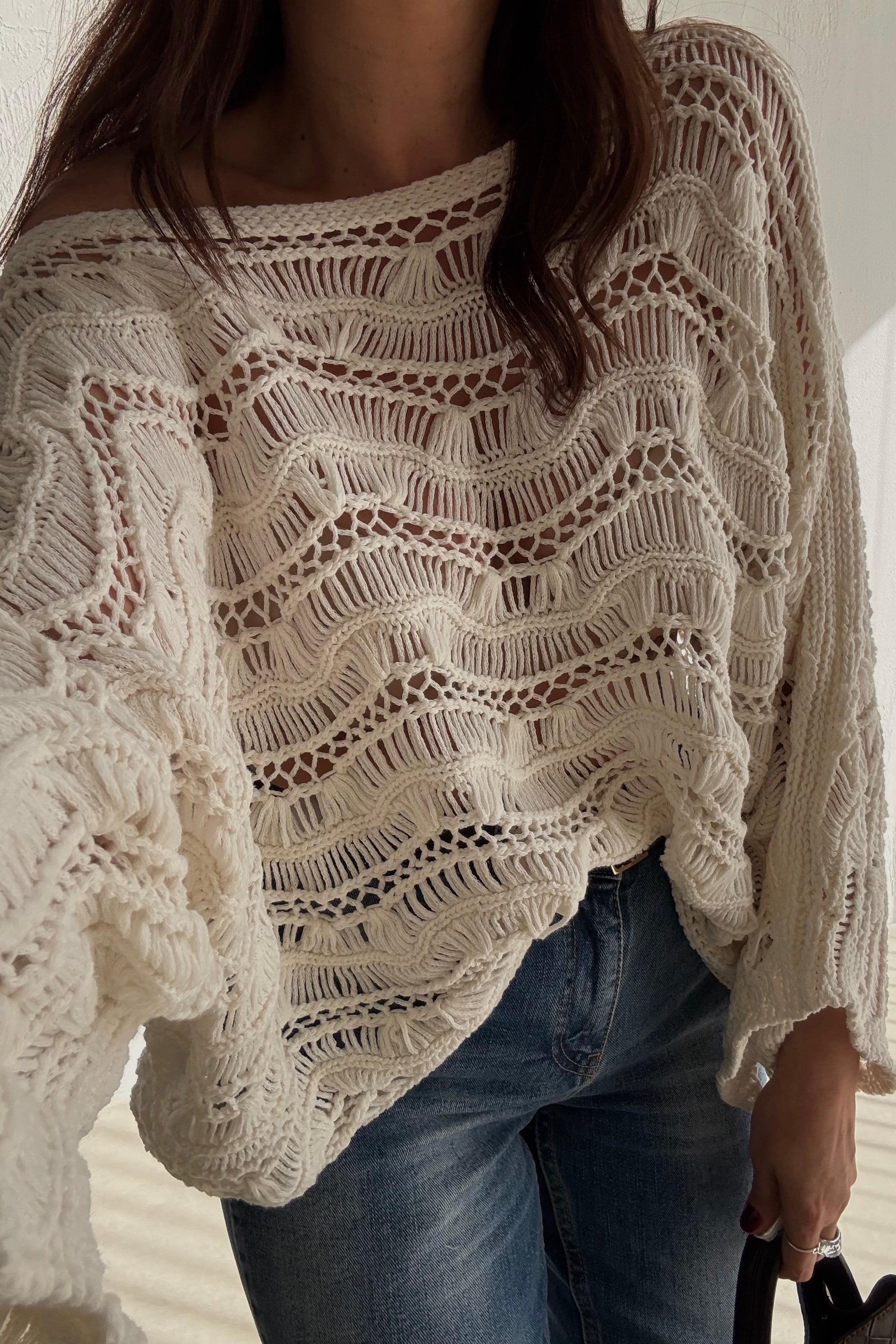 Ekru Ajurlu Triko Bluz 